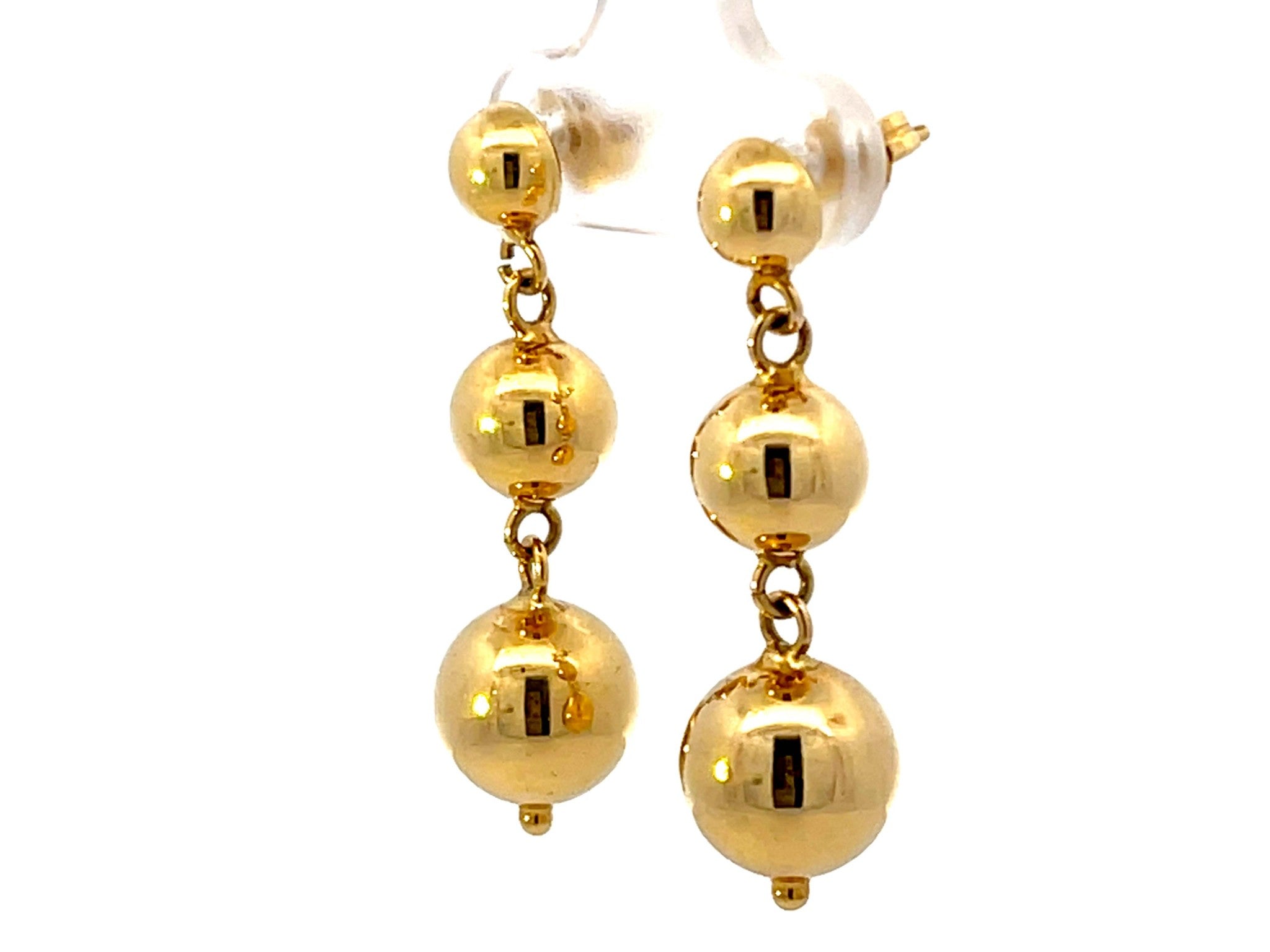 Triple Round Bead Drop Dangly 18k Solid Gold Earrings