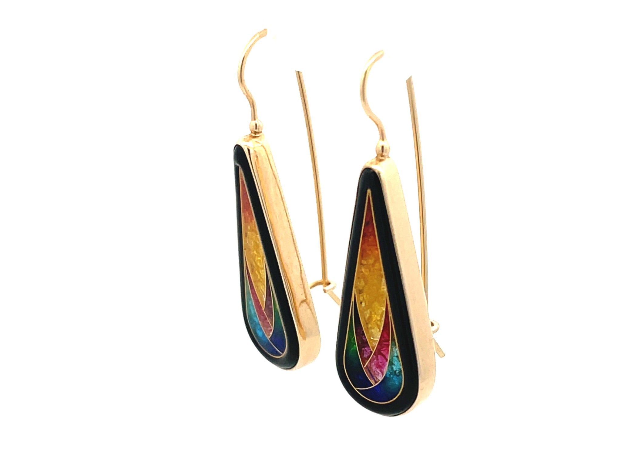 Colorful Mosaic Enamel Pear Shaped Earrings in 14k Yellow Gold