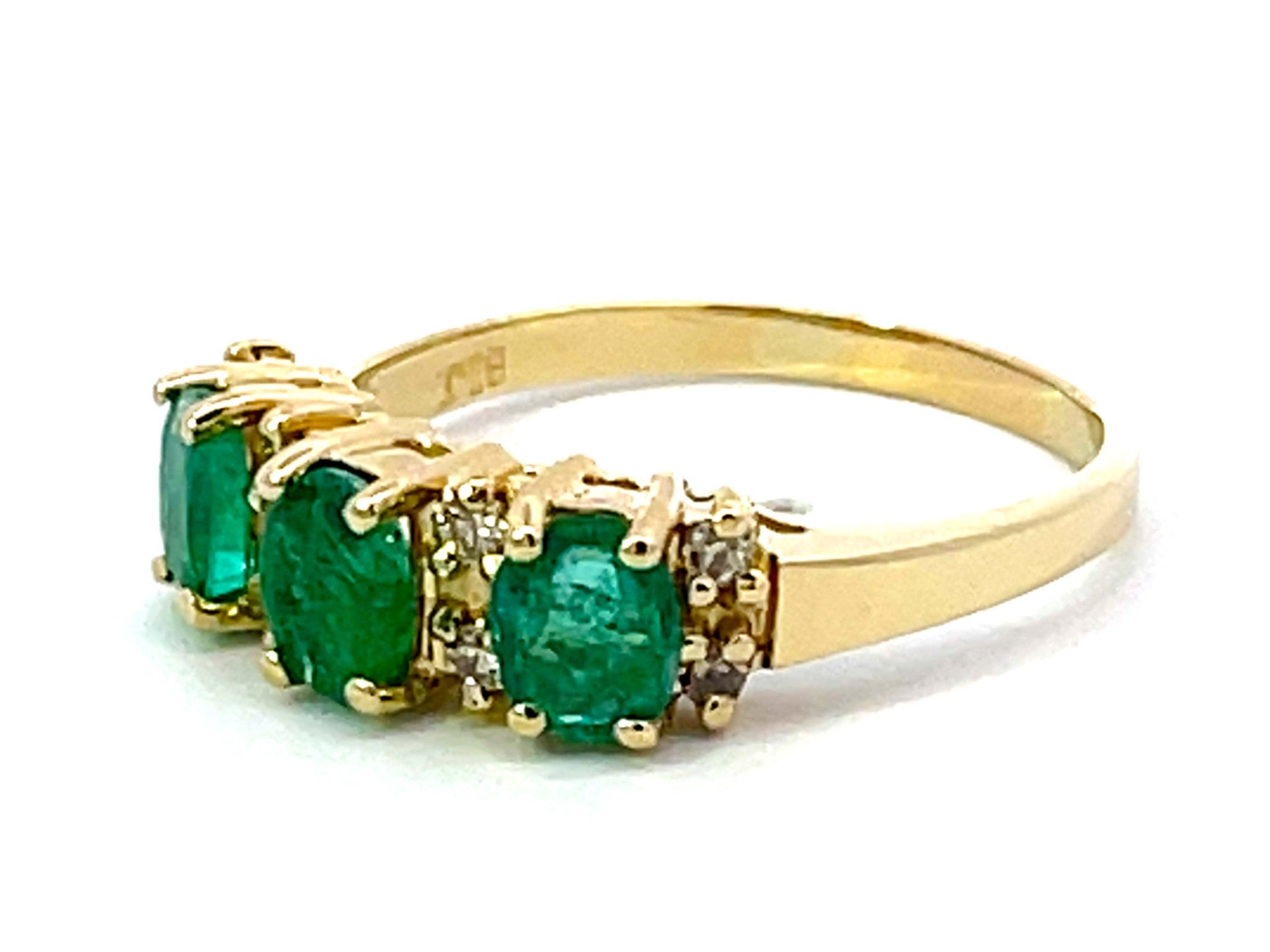 3 Oval Green Emerald and Diamond Band Ring in 14k Yellow Gold
