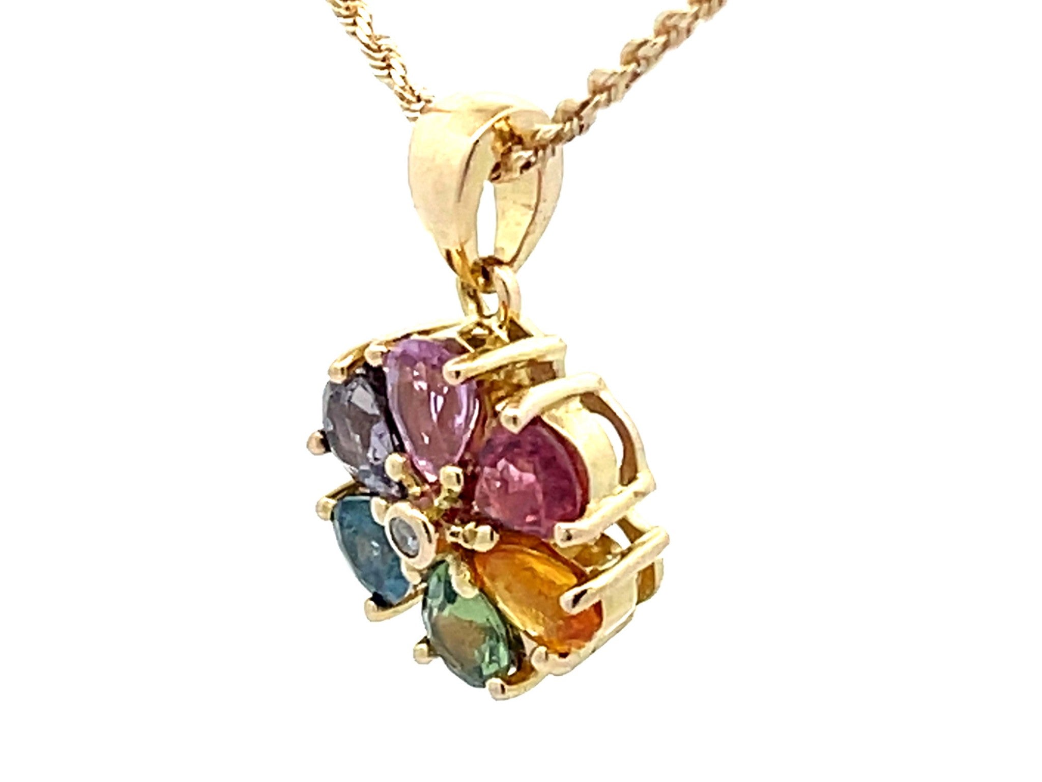 Multi Colored Sapphire and Diamond Flower Pendant and Rope Chain in 14k Gold