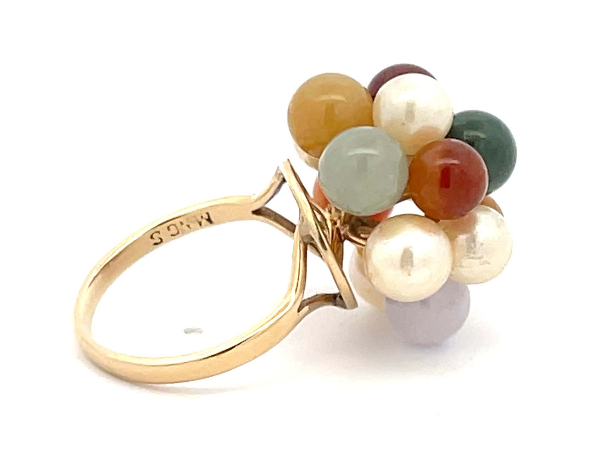 Mings Pearl and Colorful Jade Ring in 14k Yellow Gold