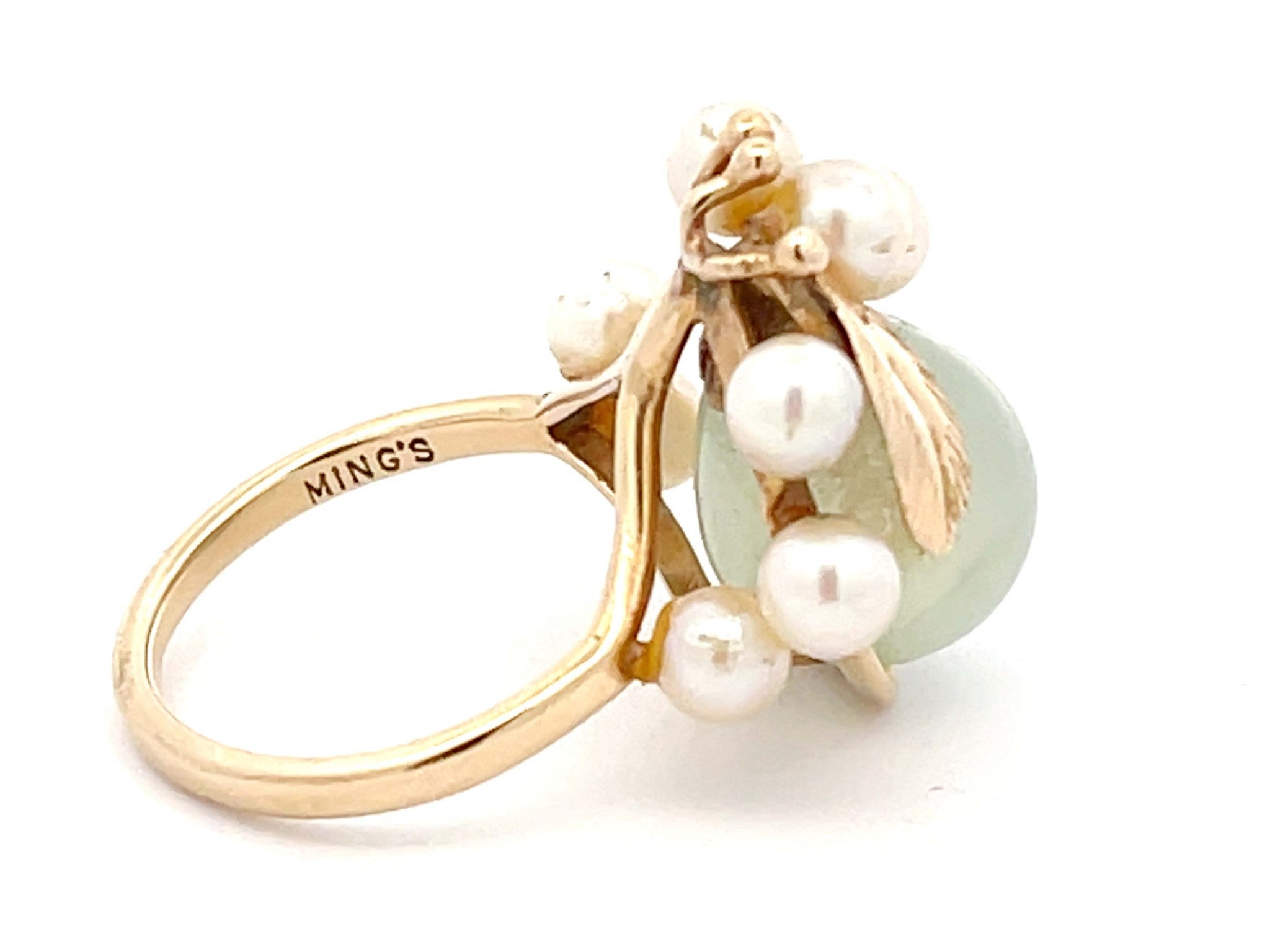 Mings Green Pear Shaped Jade and Pearl Leaf Design Ring in 14k Yellow Gold
