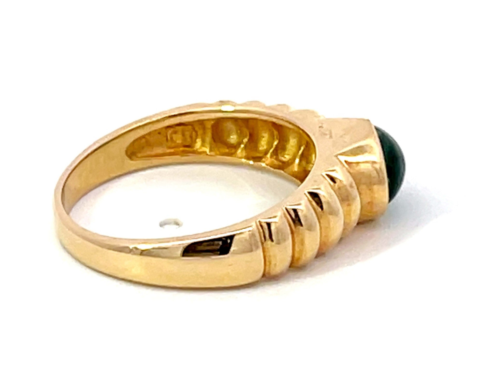 Oval Cabochon Green Emerald Ribbed Band Ring 14k Yellow Gold