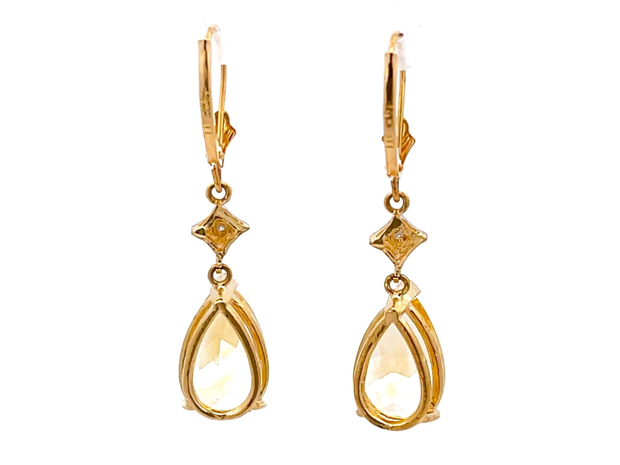 Pear Shaped Yellow Topaz Drop Diamond Dangly Earrings in 14K Yellow Gold