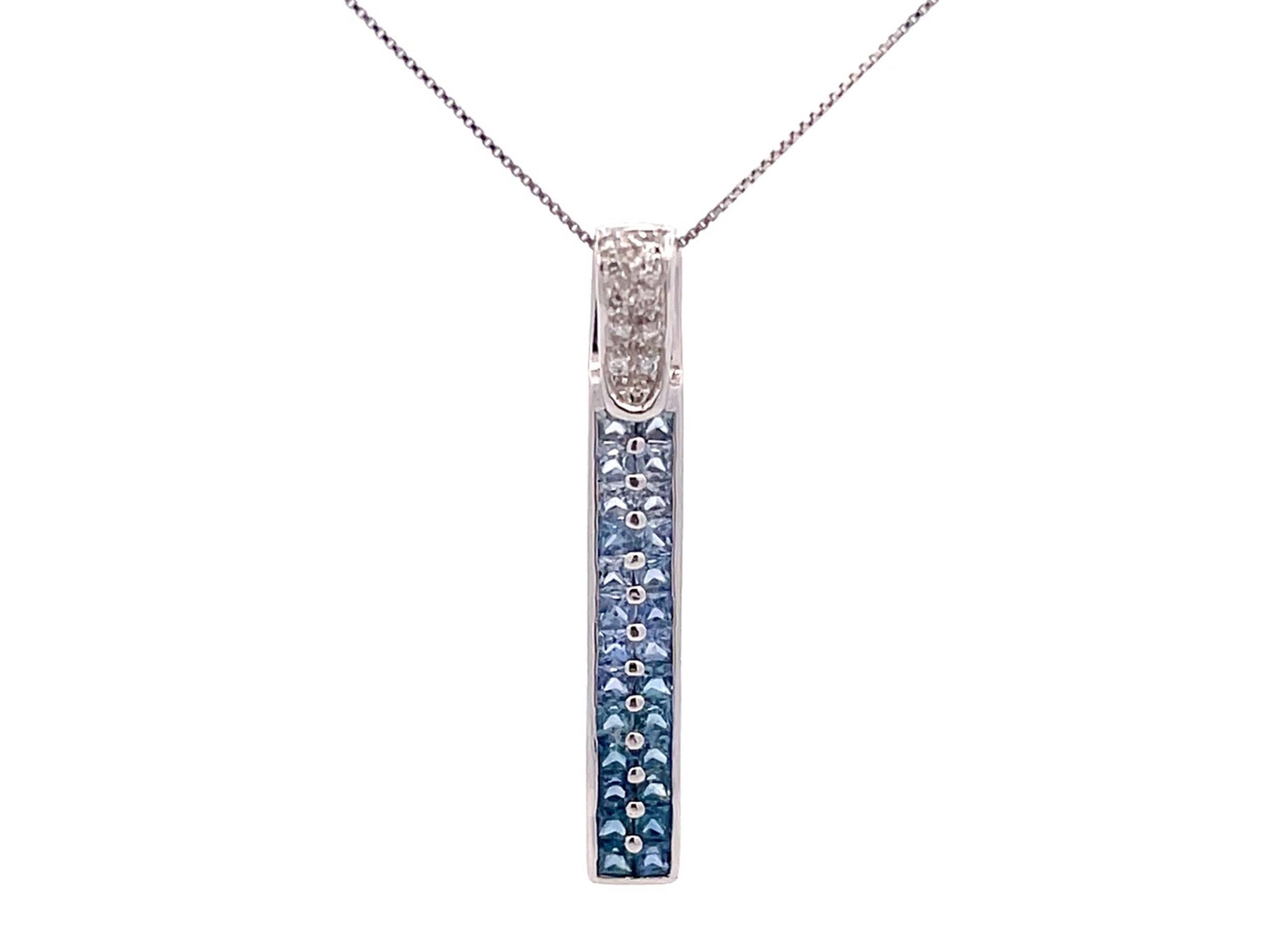 Rectangular Sapphire Diamond Drop Pendant in 14k White Gold
