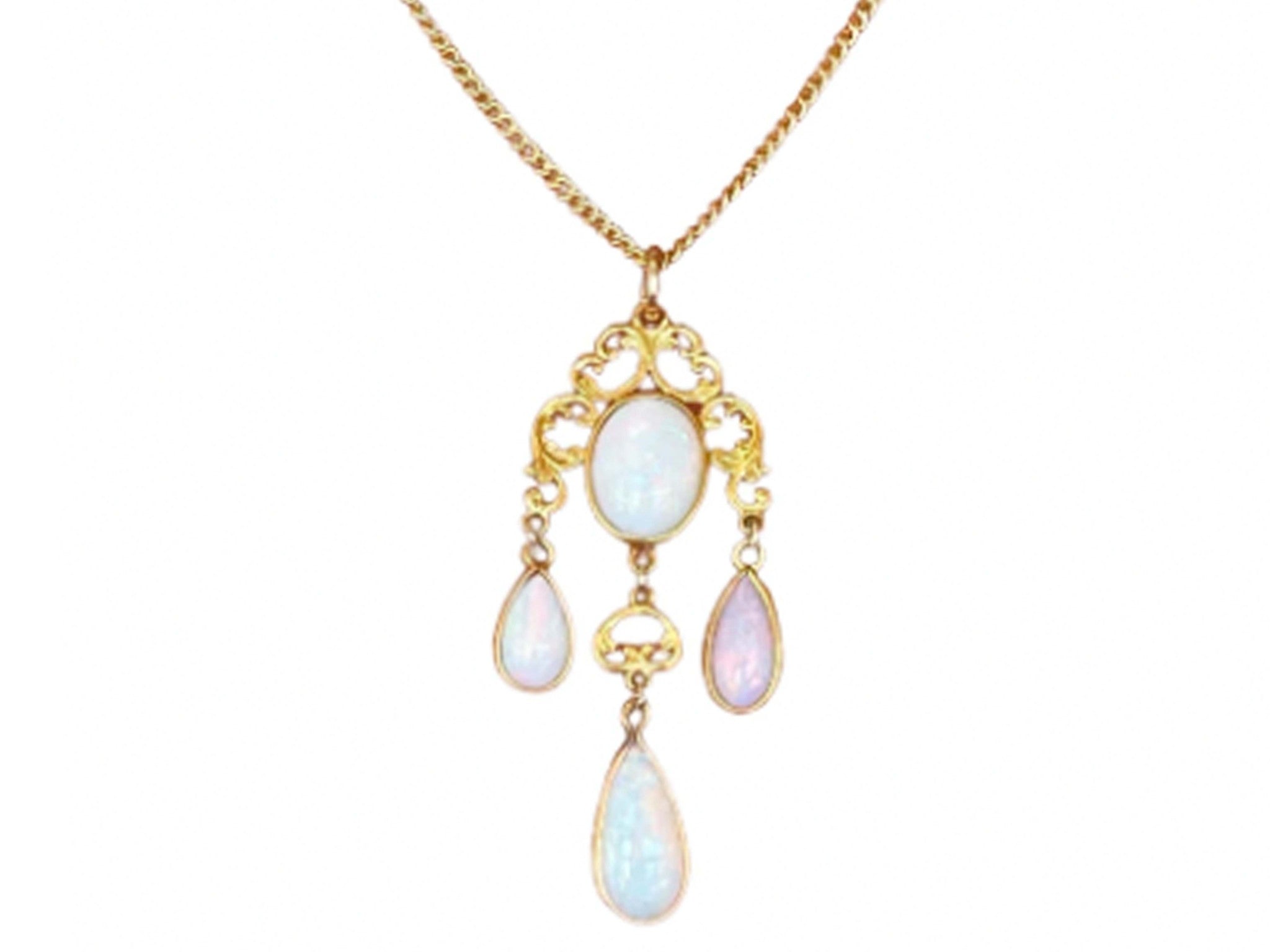 Vintage 4 Opal Drop Pendant Necklace 14k Yellow Gold
