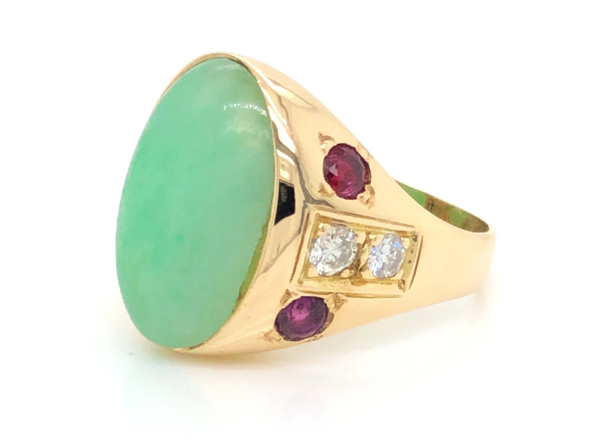 Men's Oval Pale Mottled Green Jade, Diamond and Ruby Ring - 14k Yellow Gold