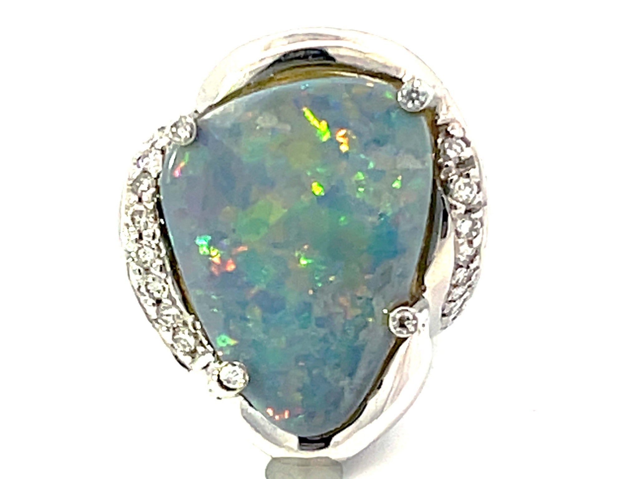 Freeform Black Opal Triangle and Diamond Ring in 18k White Gold