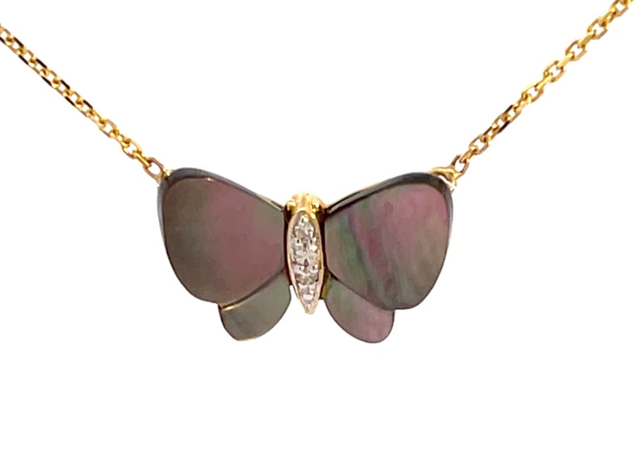 Enamel Butterfly and Diamond Necklace in 14k Yellow Gold