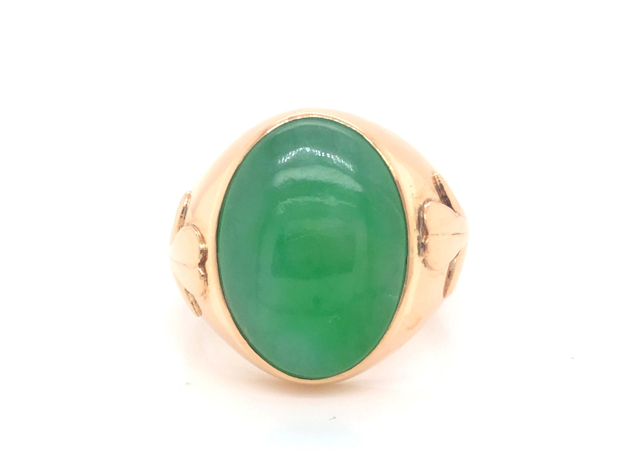 Vintage Men's Oval Cabochon Large Green Jade Ring 14k Yellow Gold