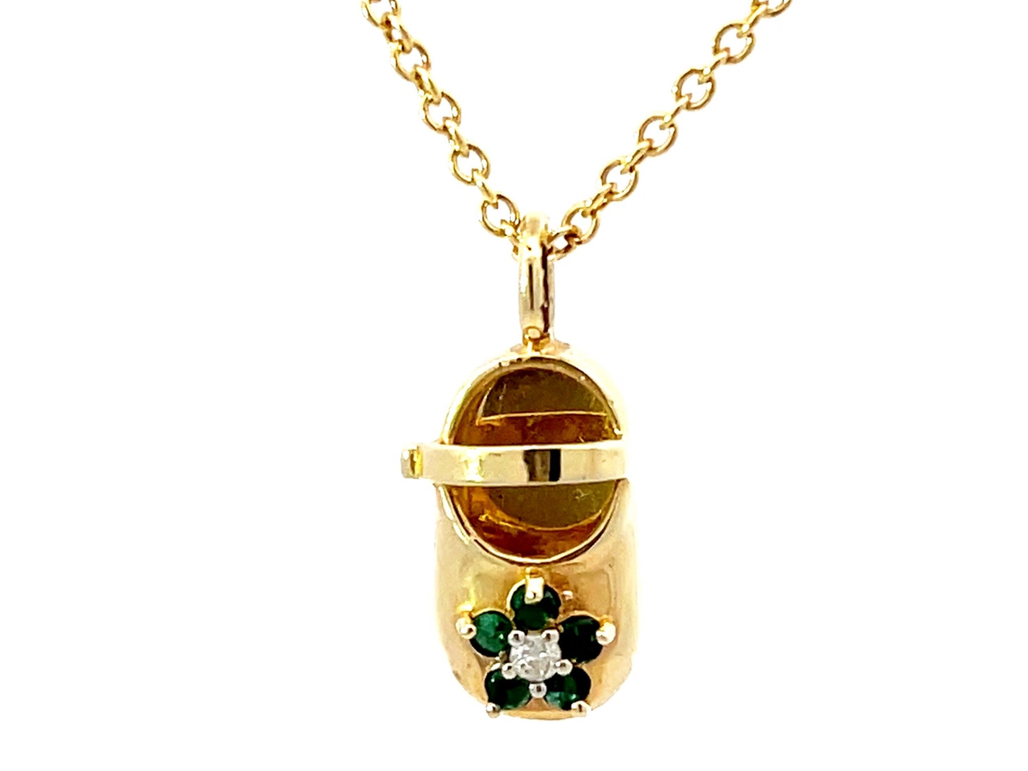 Emerald Diamond Flower Shoe Pendant Necklace Solid 14K Yellow Gold