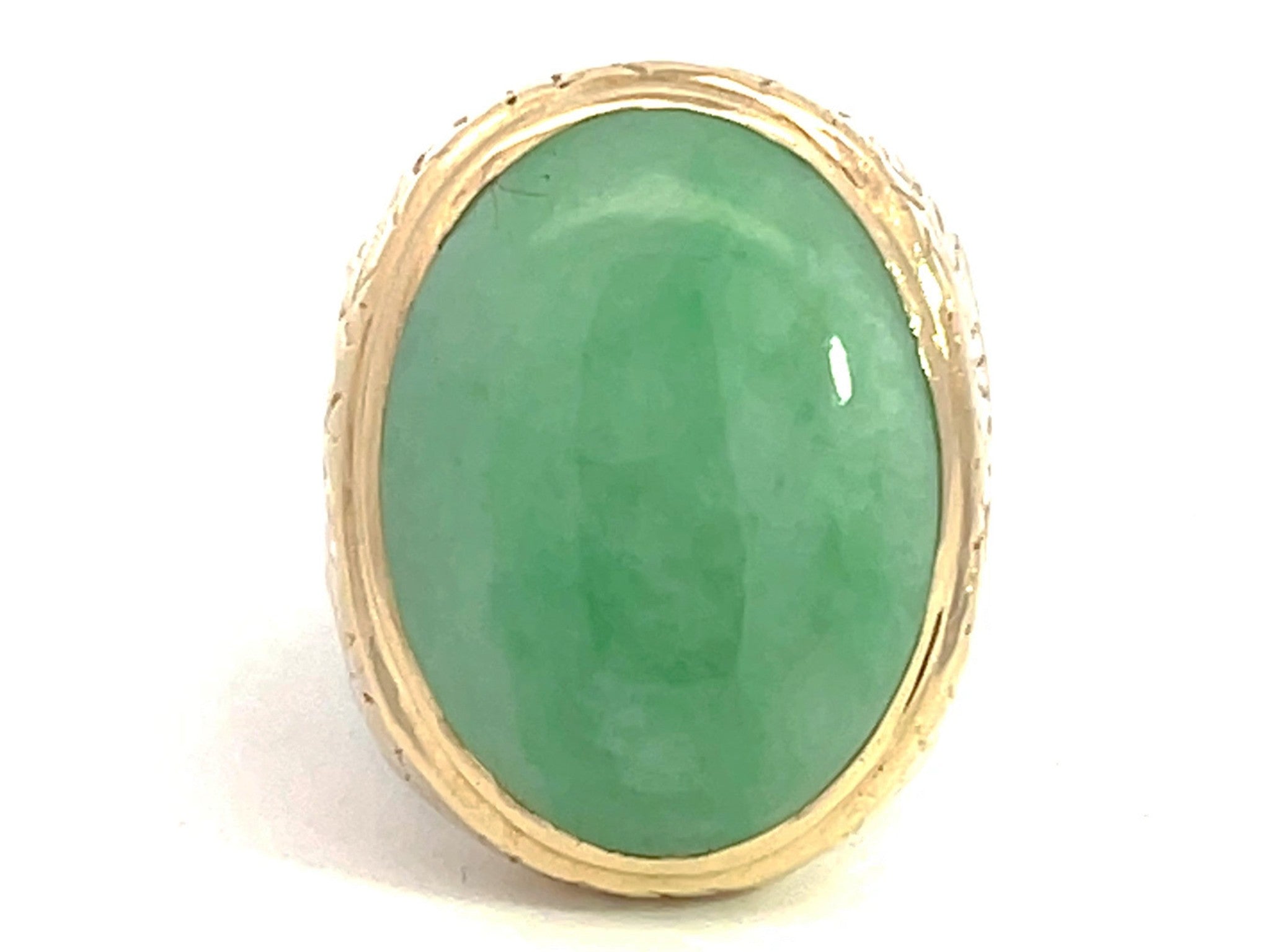 Oval Cabochon Green Jade Ring with Textured Bark Shoulders in 14K Yellow Gold