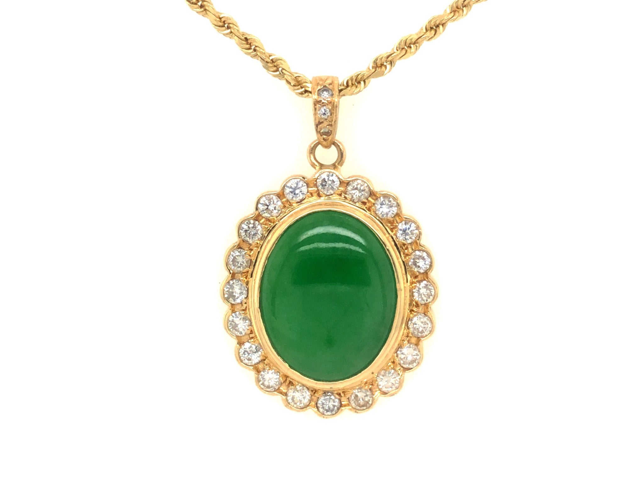 GIA Vintage Oval Cabochon Green Translucent Jadeite Jade and Diamond Pendant