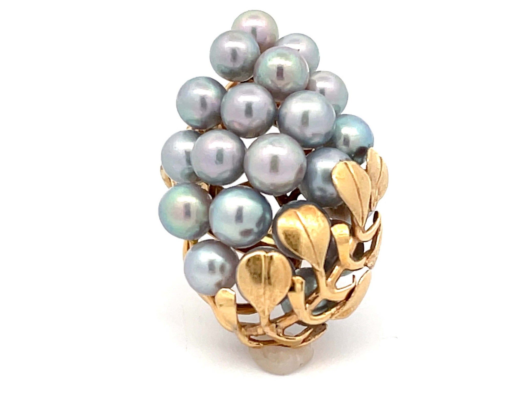 Mings Large Silver Pearl and Leaf Ring in 14k Yellow Gold