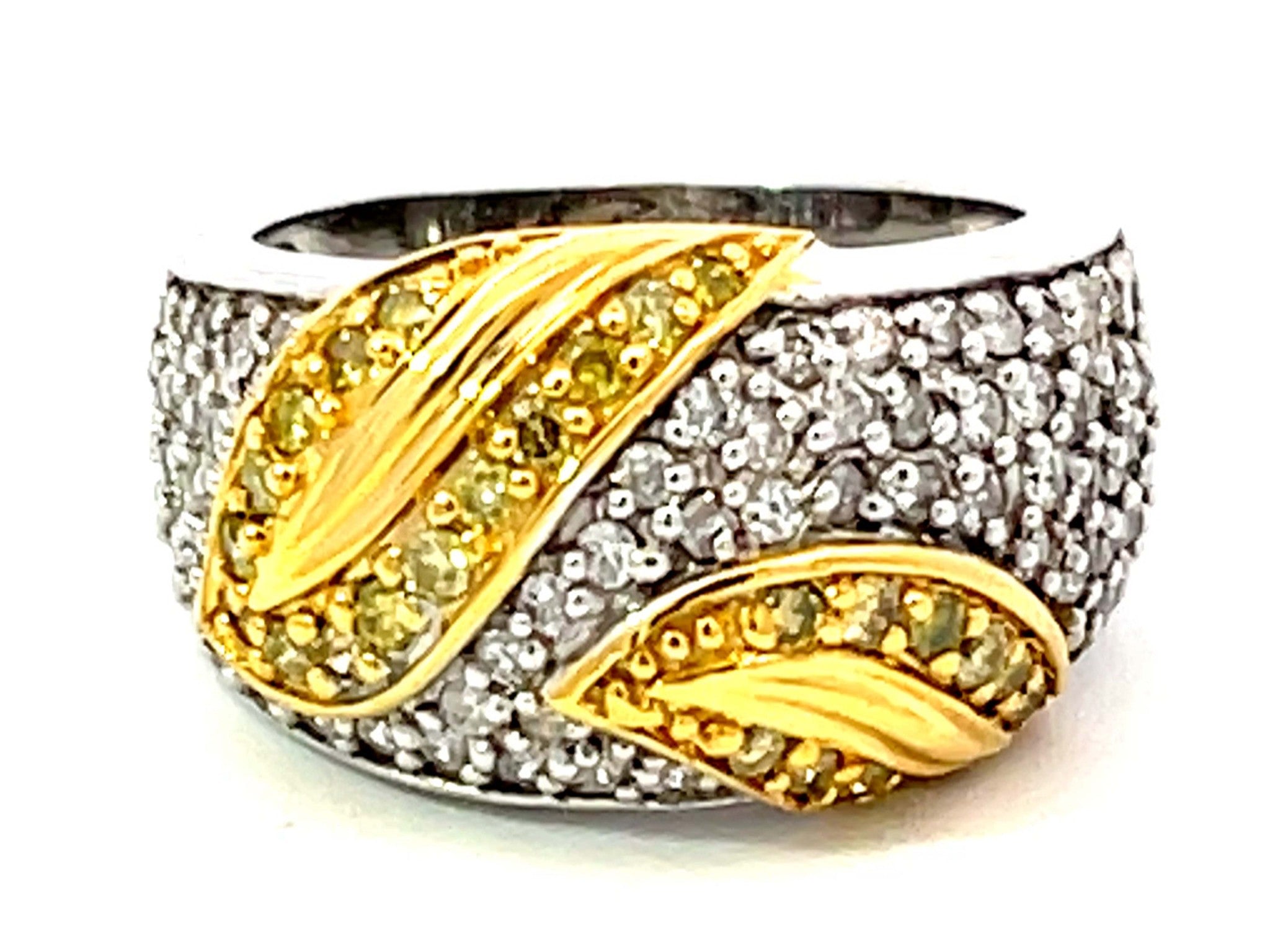 White and Fancy Yellow Diamond Leaf Dome Ring in 14k White Gold
