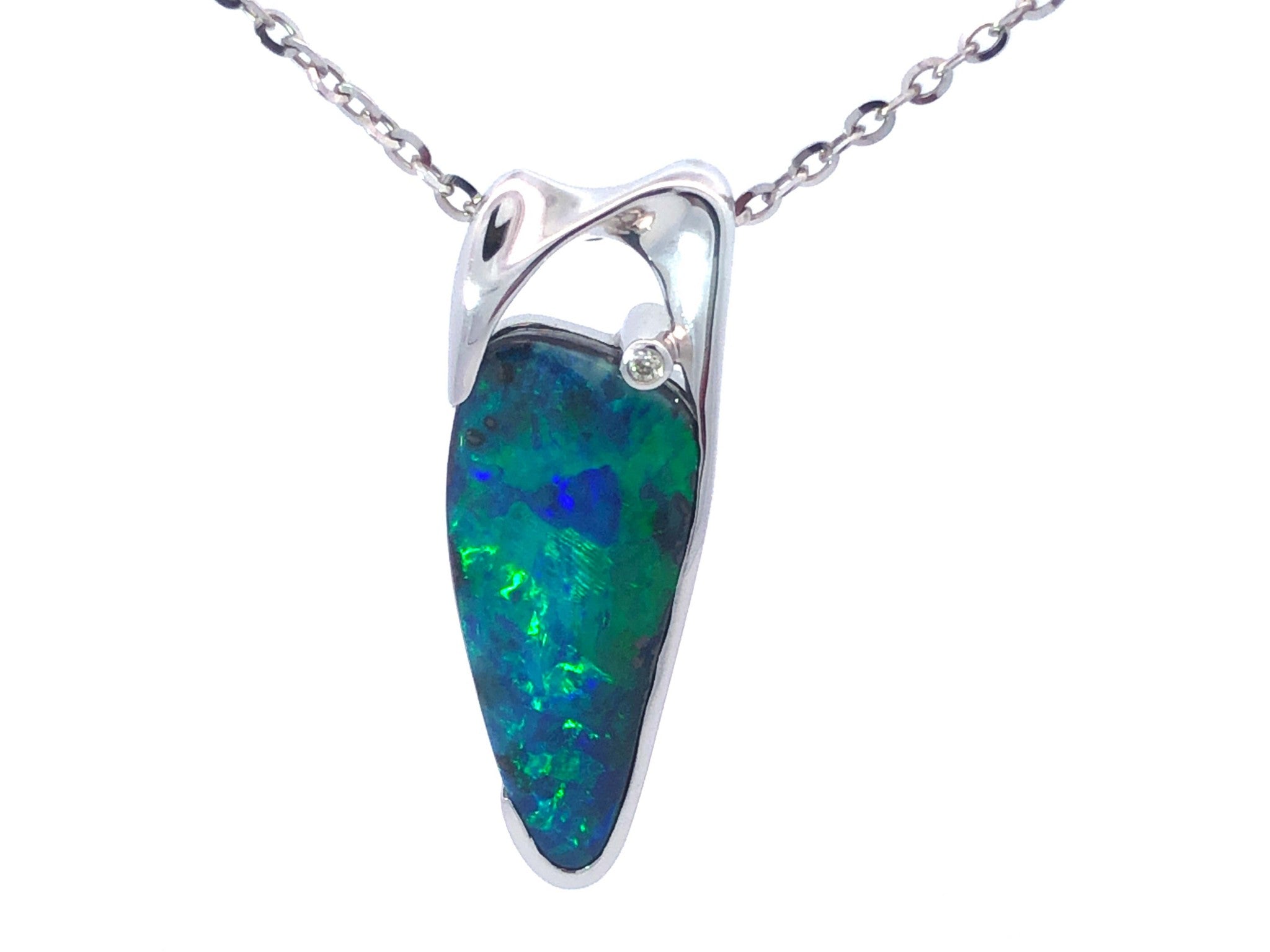 Lightning Ridge Opal and Diamond Necklace in 18k White Gold