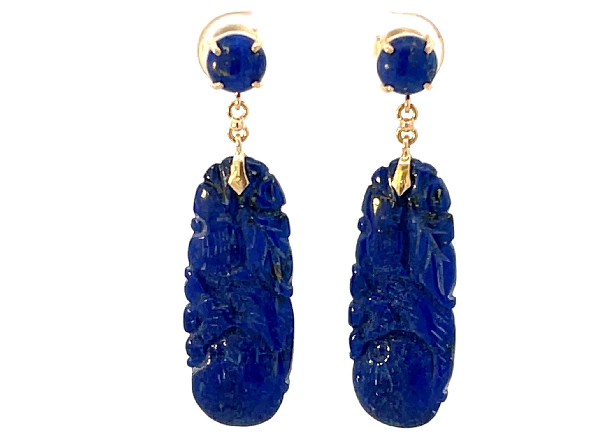Carved Dangly Lapis Lazuli 14K Yellow Gold Earrings