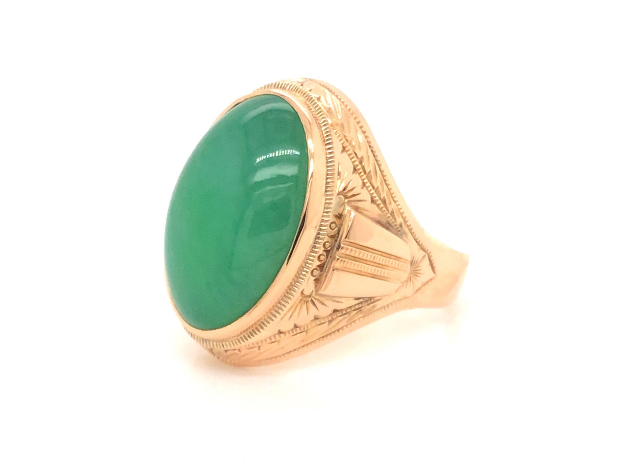 Vintage Men's Oval Cabochon Green Jade Ring - 14k Yellow Gold