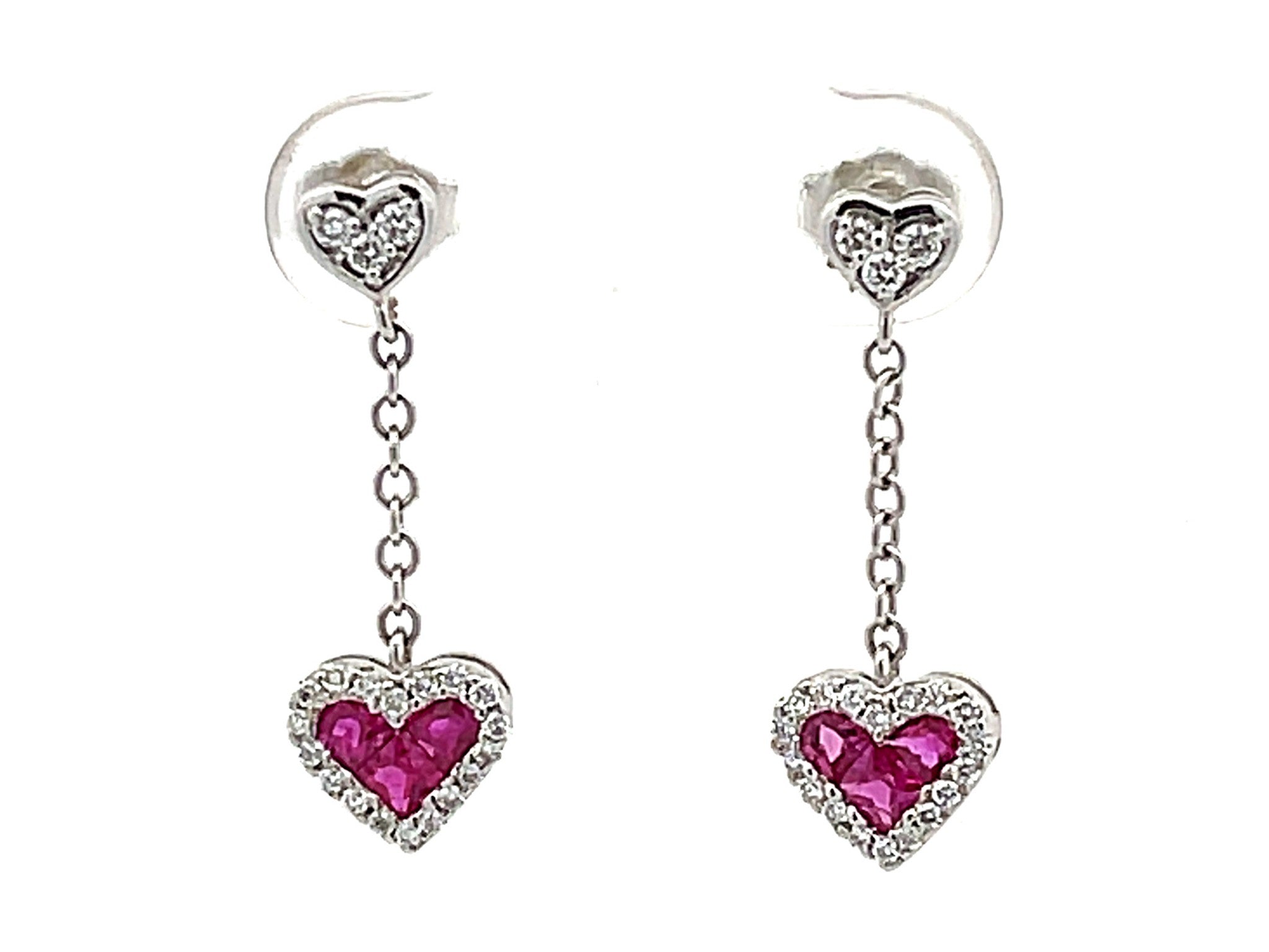 Ruby Heart Diamond Dangling Earrings in 14k White Gold