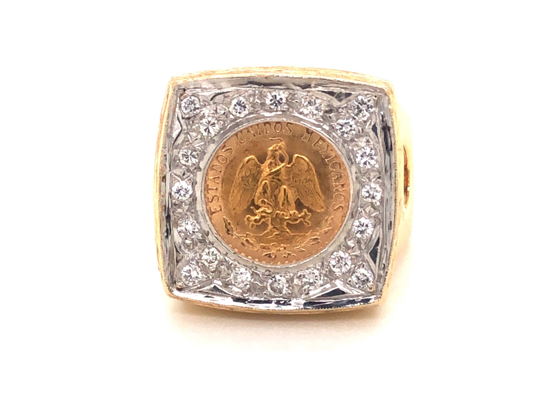 Dos Pesos Gold Coin Diamond Ring in 14k Yellow Gold