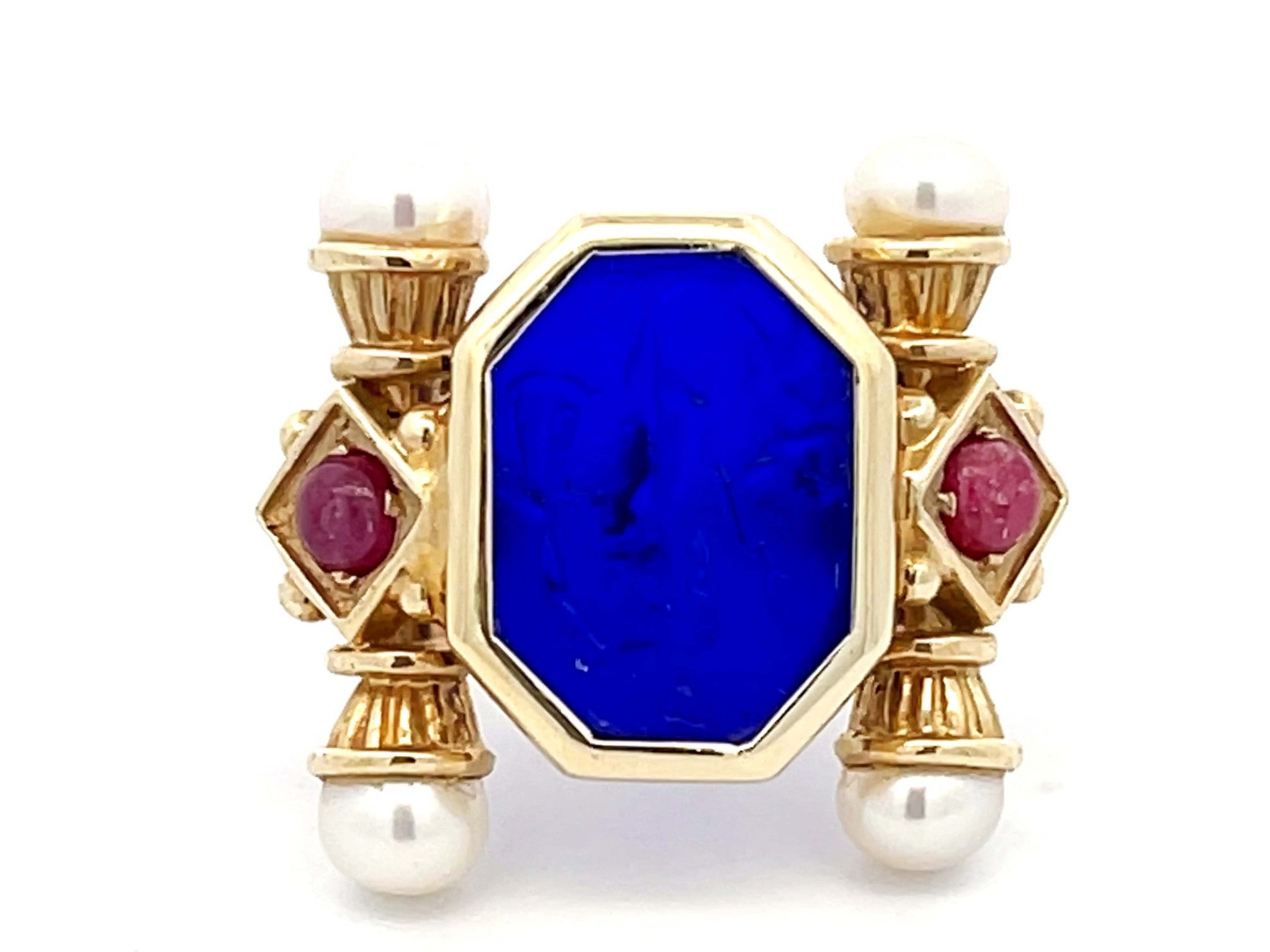 Large Vintage Blue Glass Cameo Ruby and Pearl Ring in 14k Yellow Gold