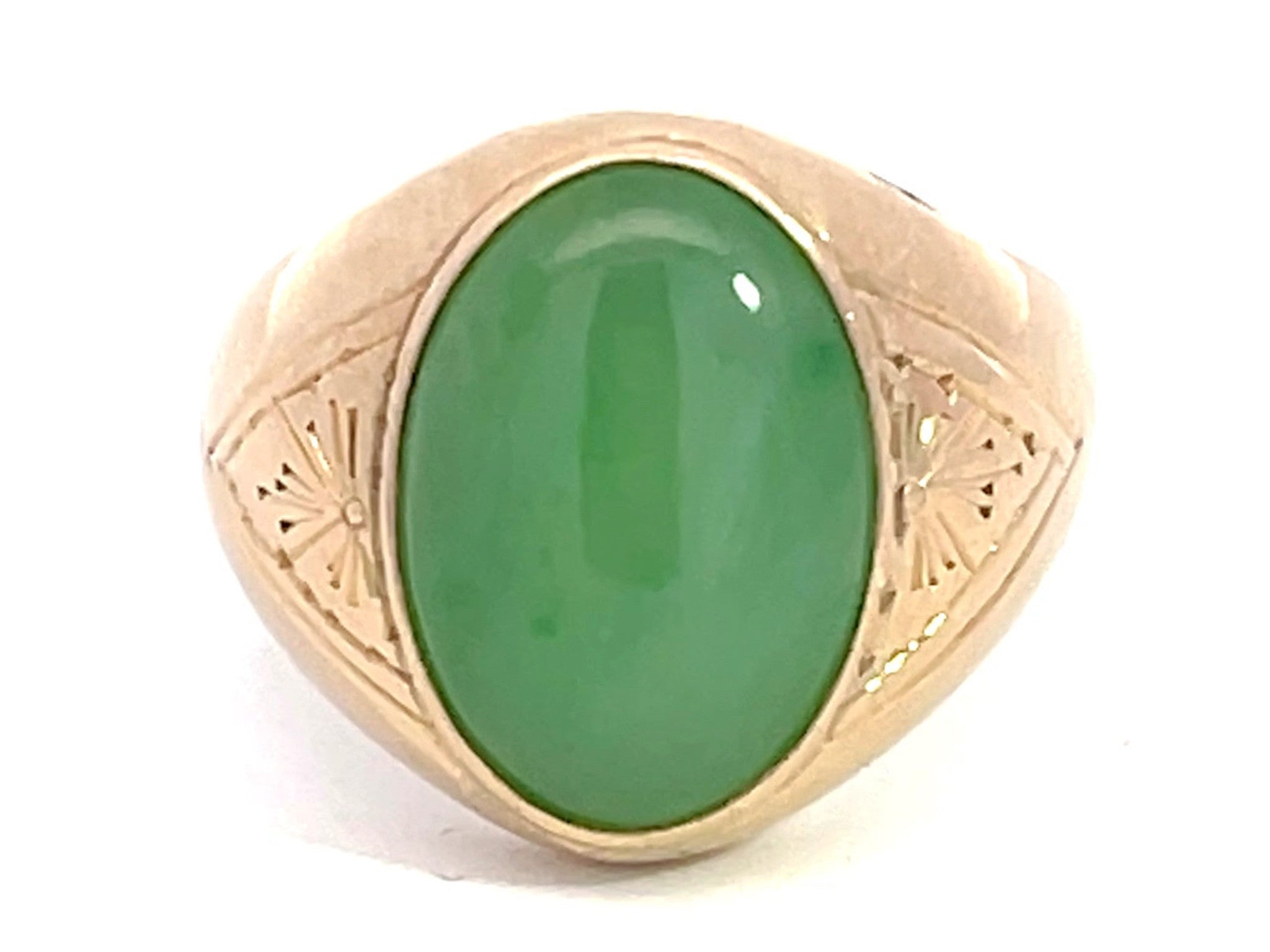 Oval Cabochon Green Jade Ring with Triangle Design Shoulders in 14K Yellow Gold