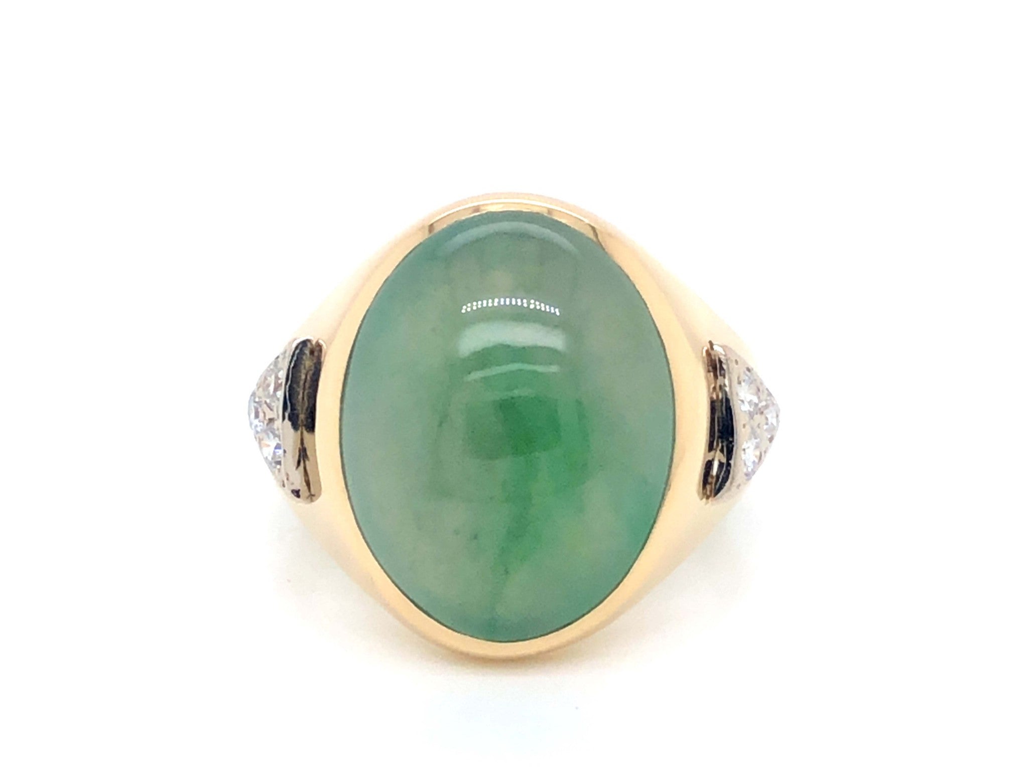 Men's Oval Green Water Jade and 6 Diamond Ring - 14k Yellow Gold