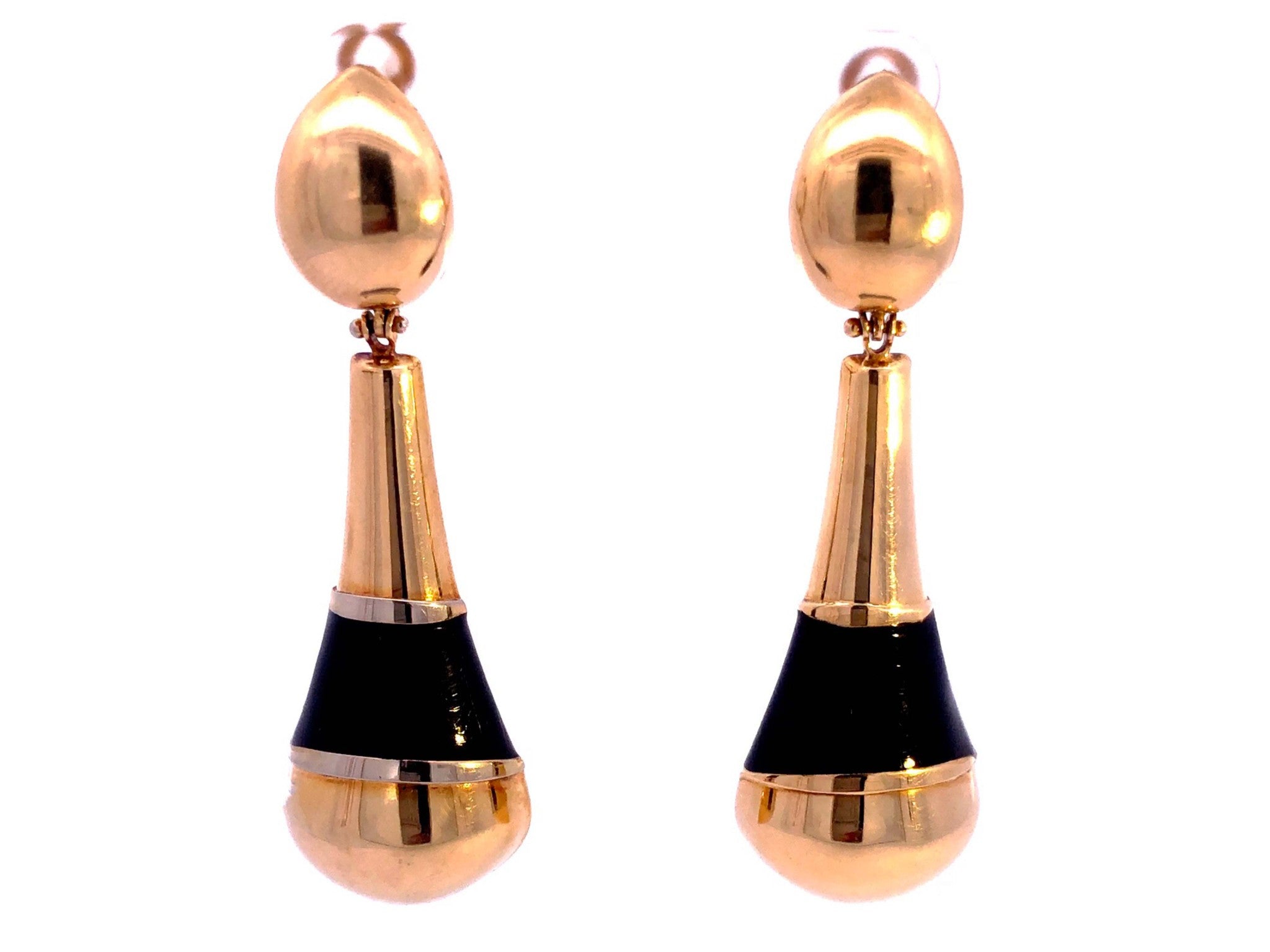 Large Black Enamel and Gold Dangle Earrings in 14k Yellow Gold