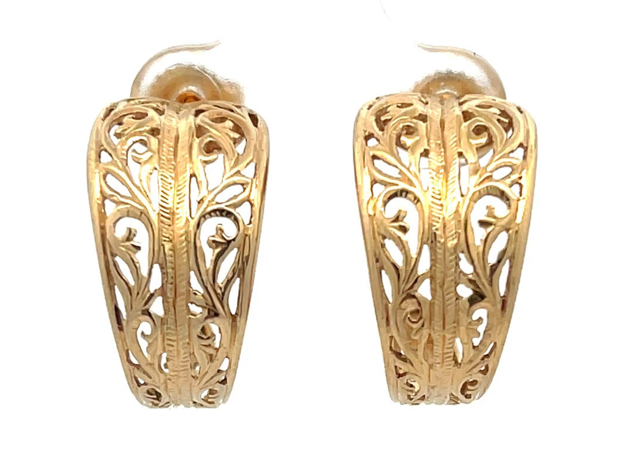 Mings Pierced Scroll Design Wide Half Hoop Earrings in 14k Yellow Gold