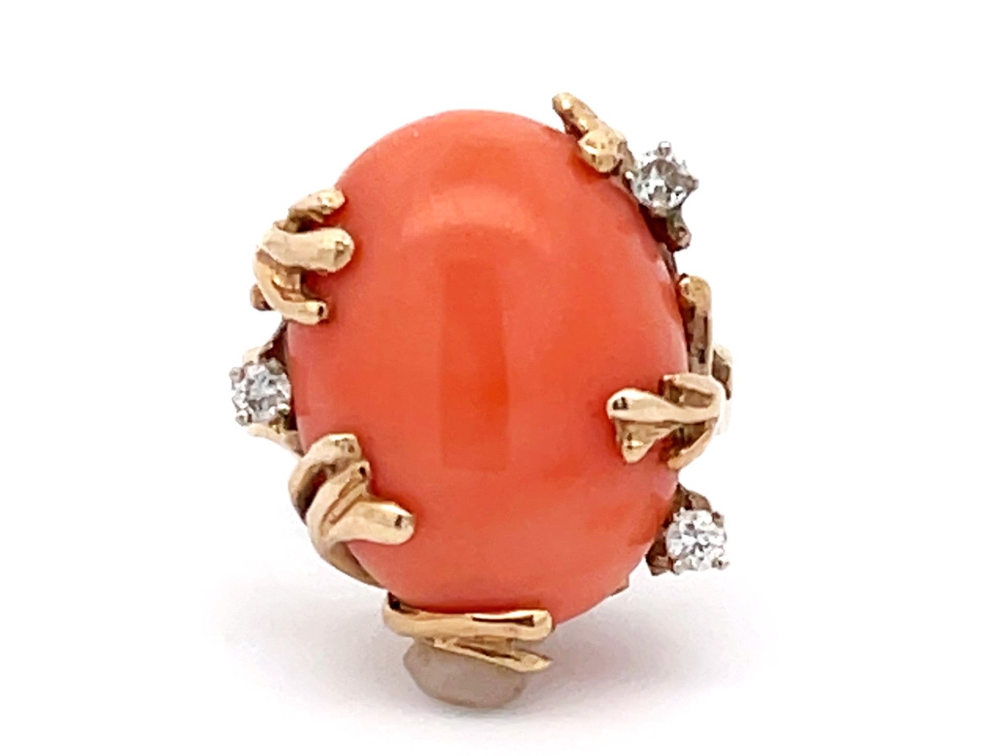 Vintage Mediterranean Coral and Diamond Ring in 14k Yellow Gold