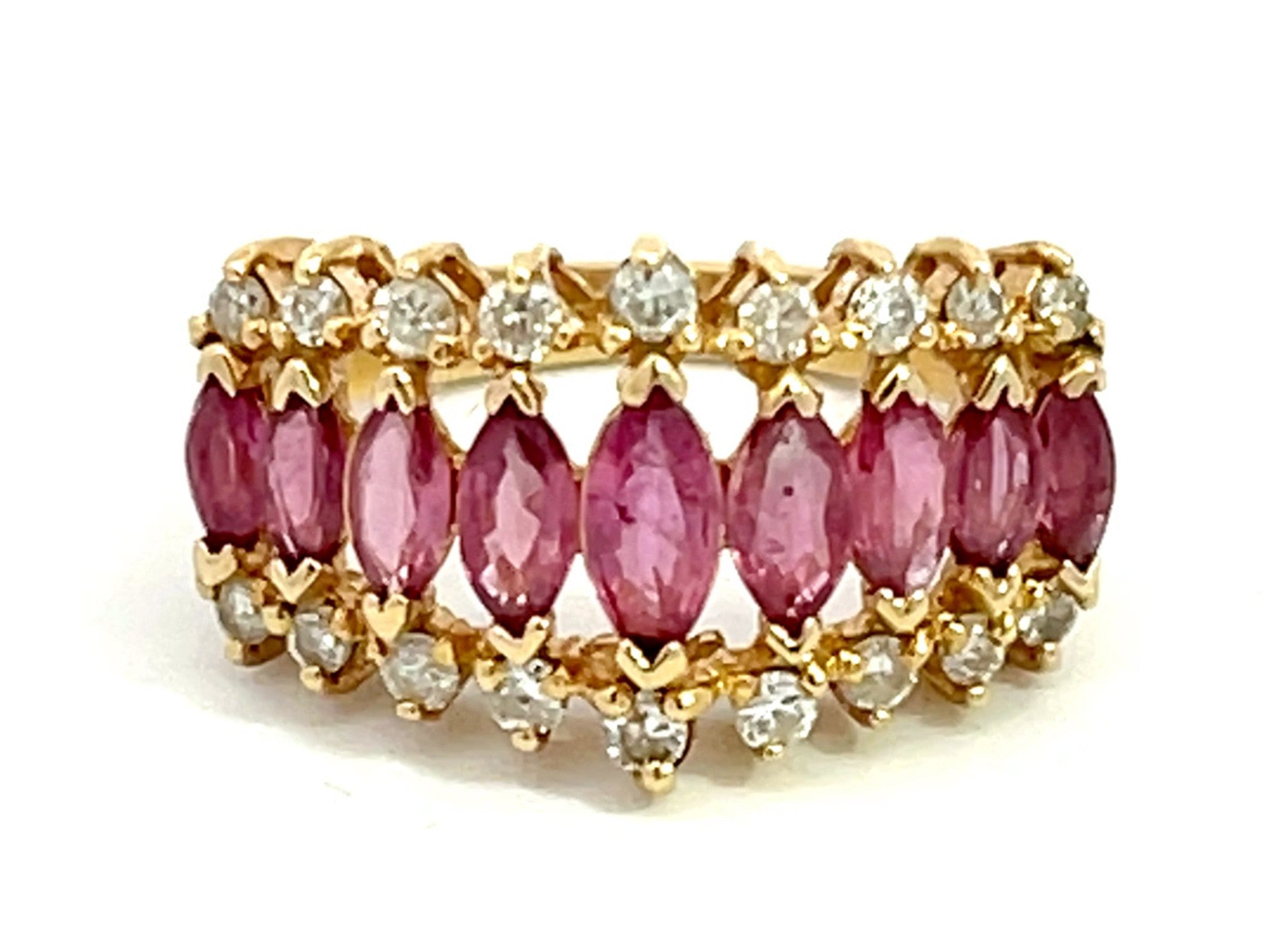 Marquise Ruby and Diamond Border Triple Row Ring in 14k Yellow Gold