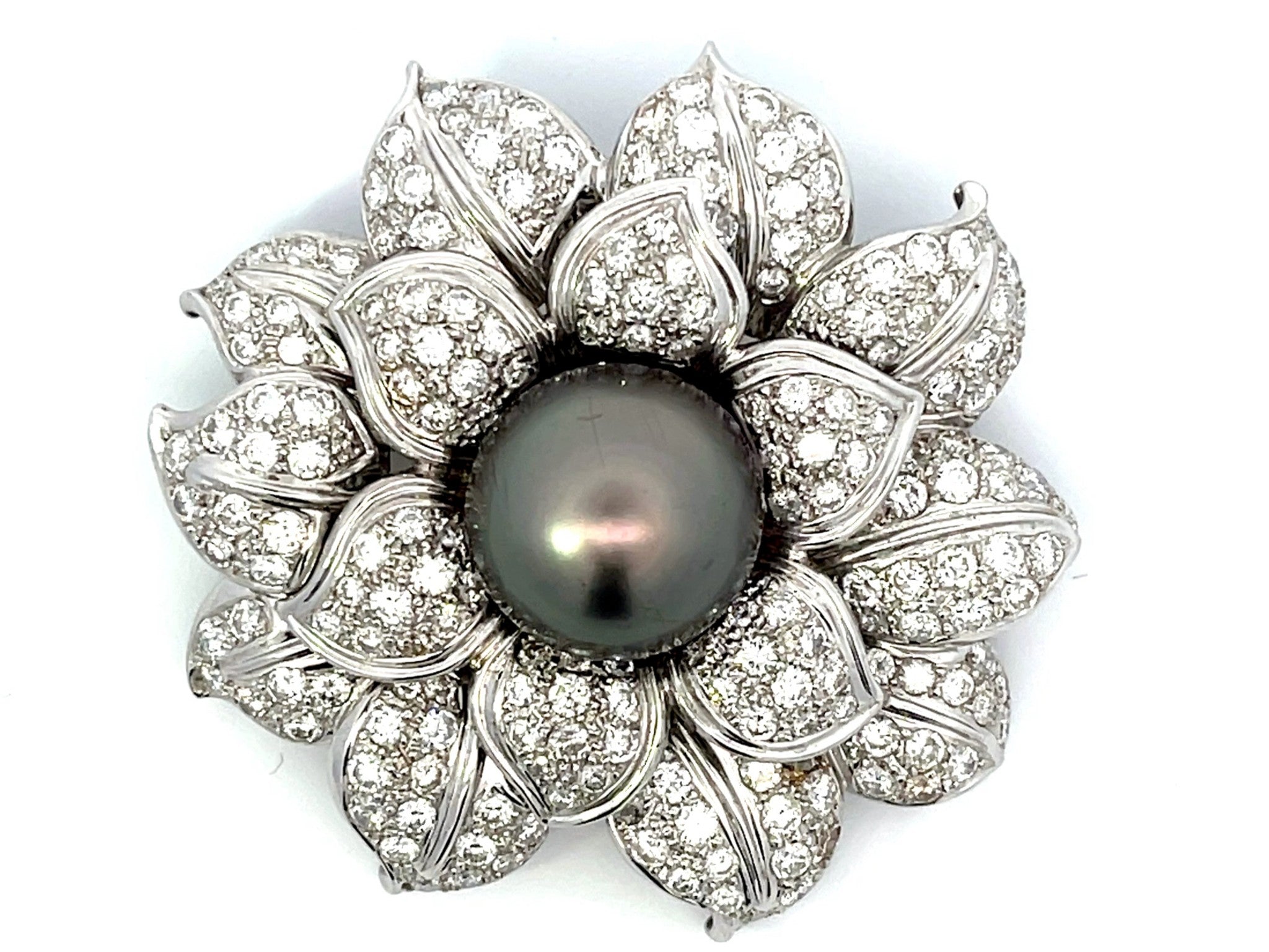 Large Diamond and Tahitian Pearl Flower Brooch in 18k White Gold