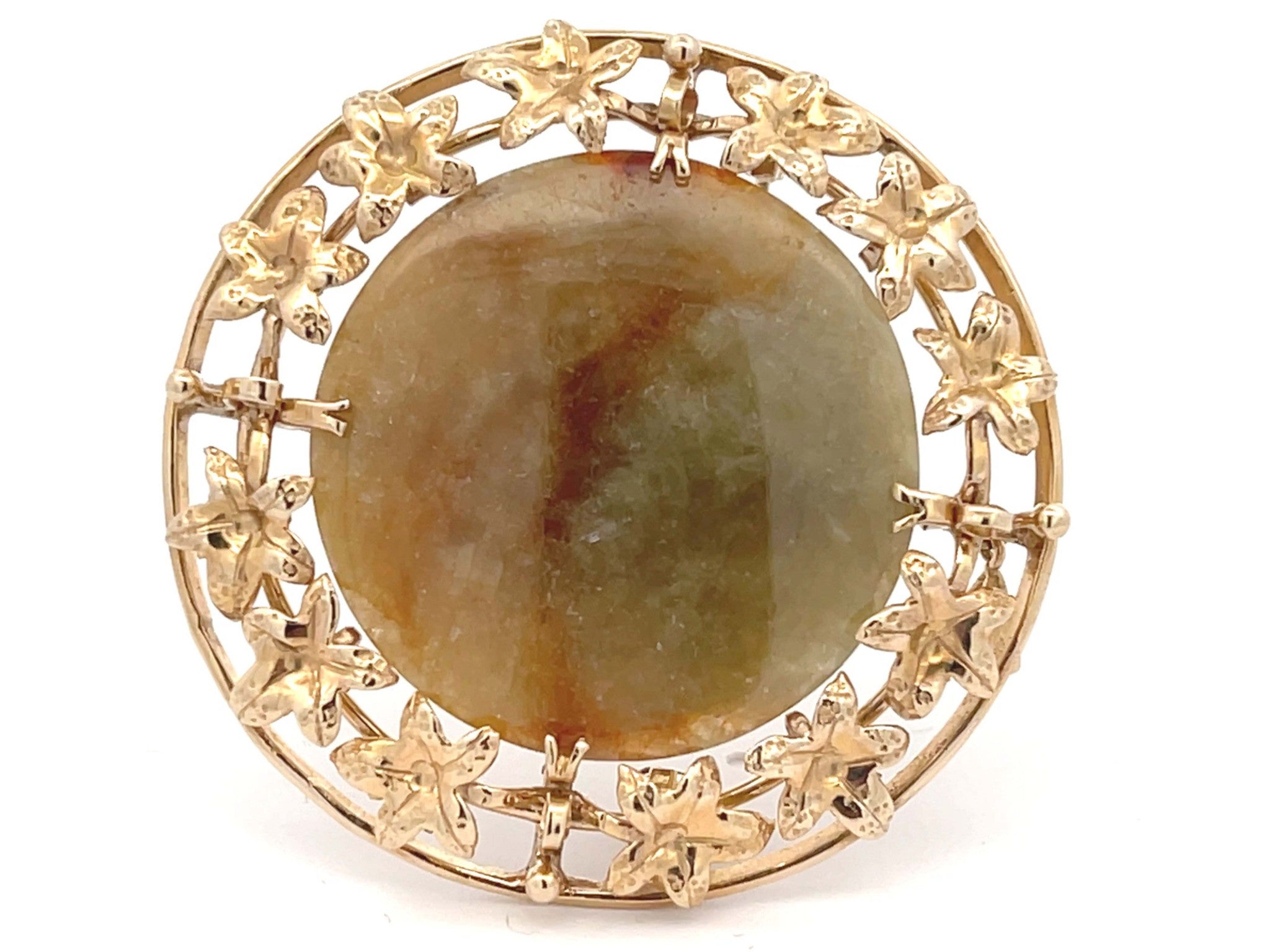 Mings Brown and Green Round Jade Brooch/Pendant in 14k Yellow Gold