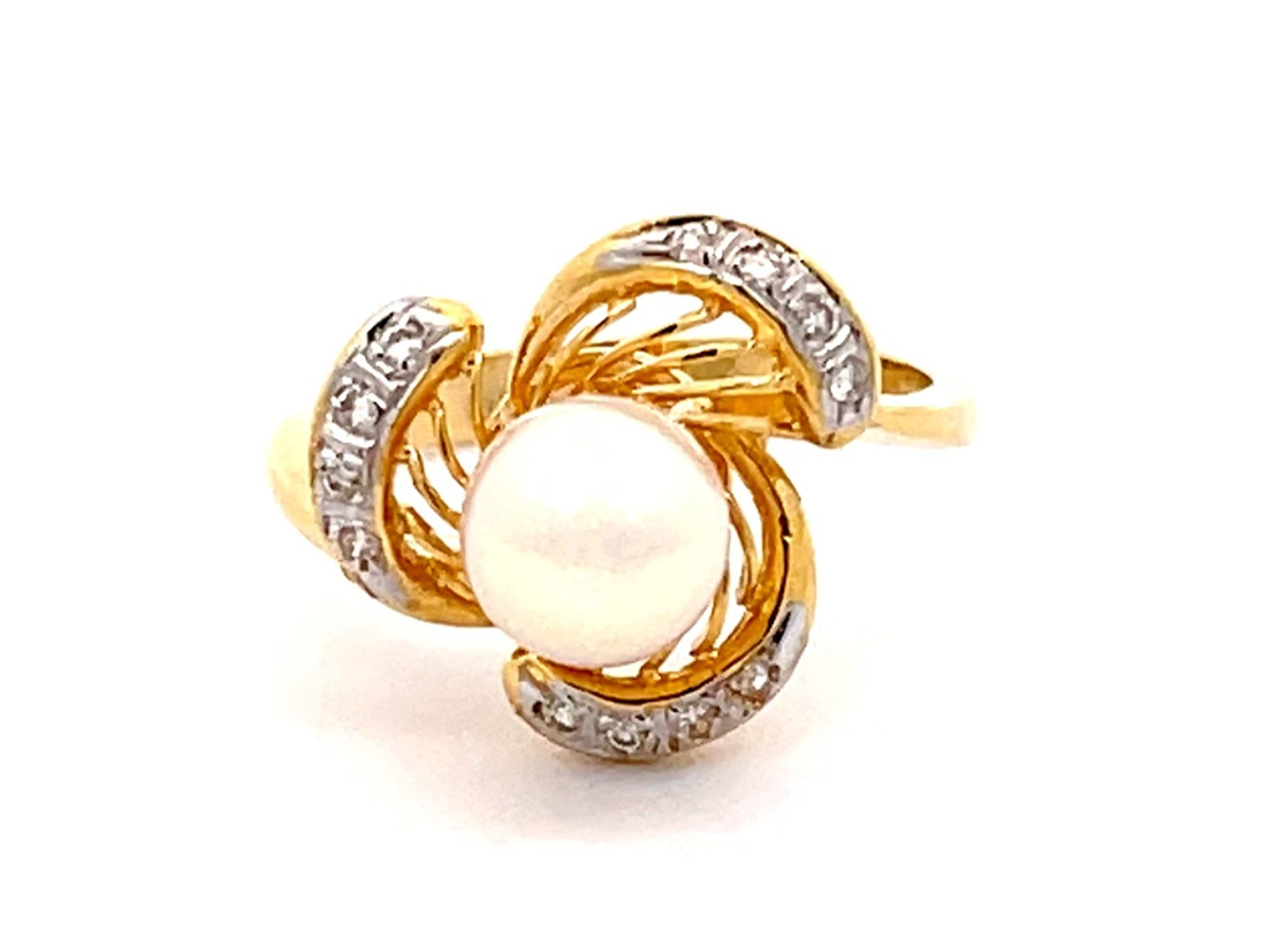 White Pearl and Diamond Ring in 14k White Gold