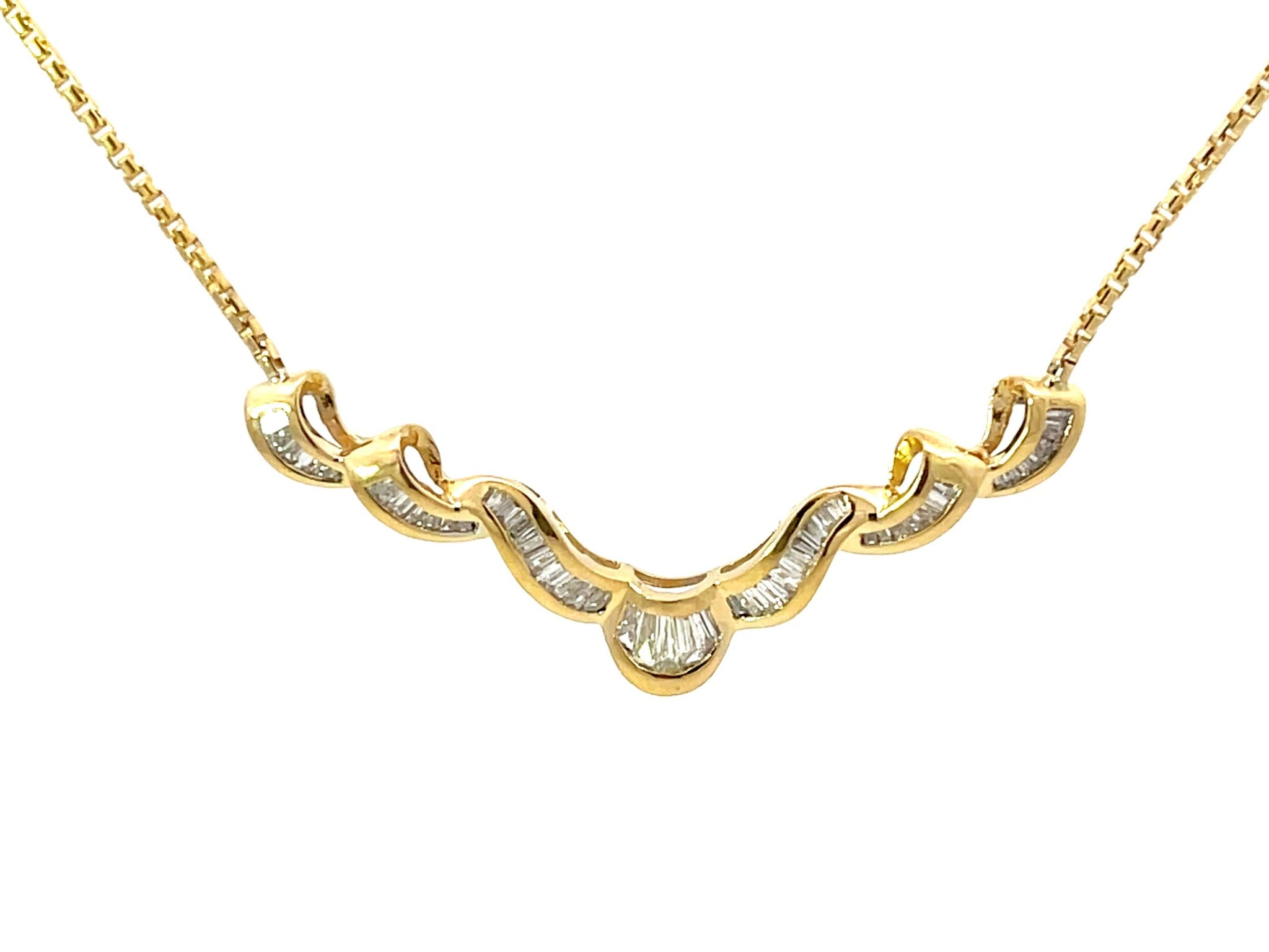 Solid 18k Yellow Gold Baguette Diamond Swirl Pendant Necklace