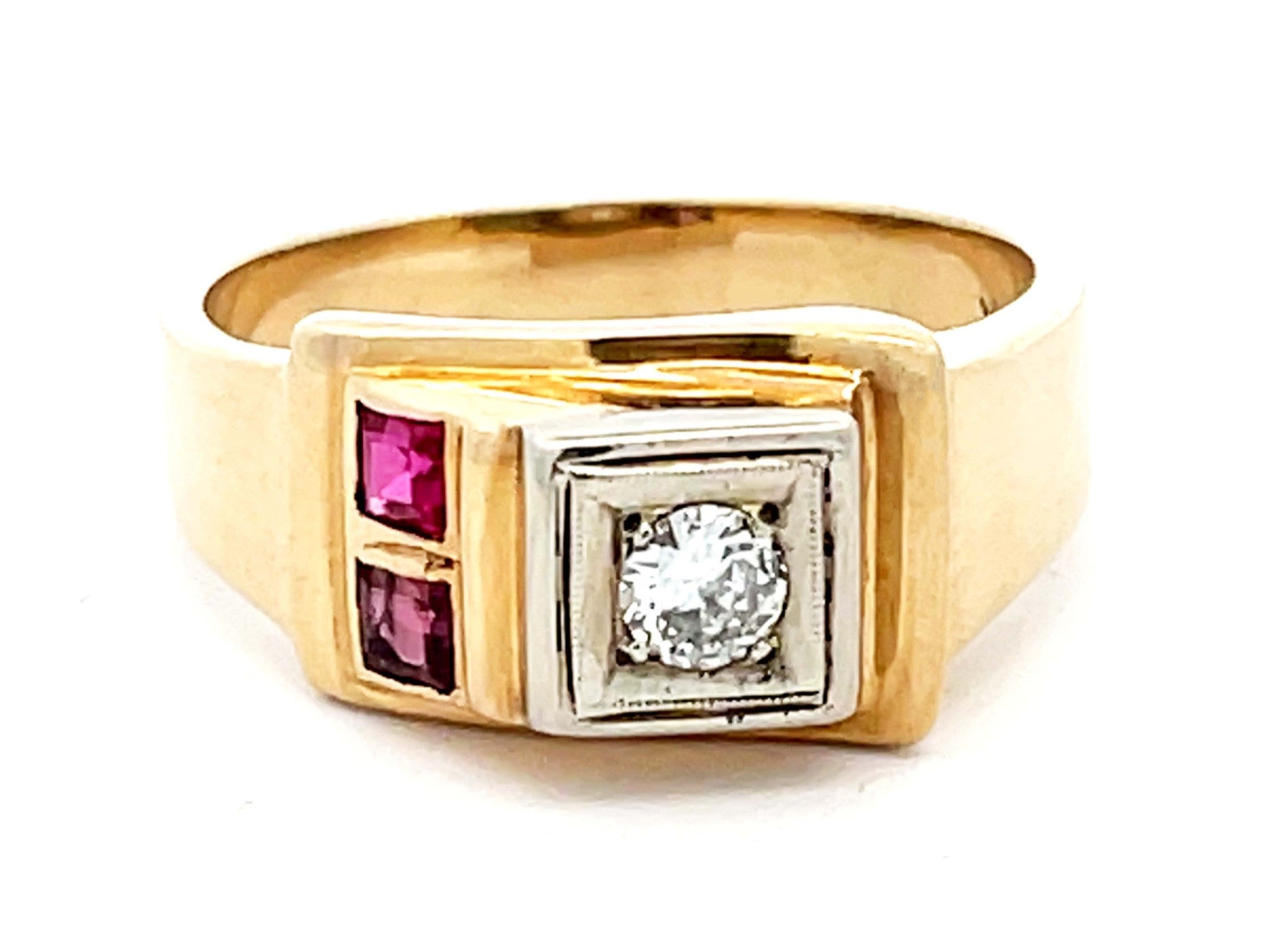 Mens Vintage Ruby and Diamond Retro Ring in 14k Yellow Gold