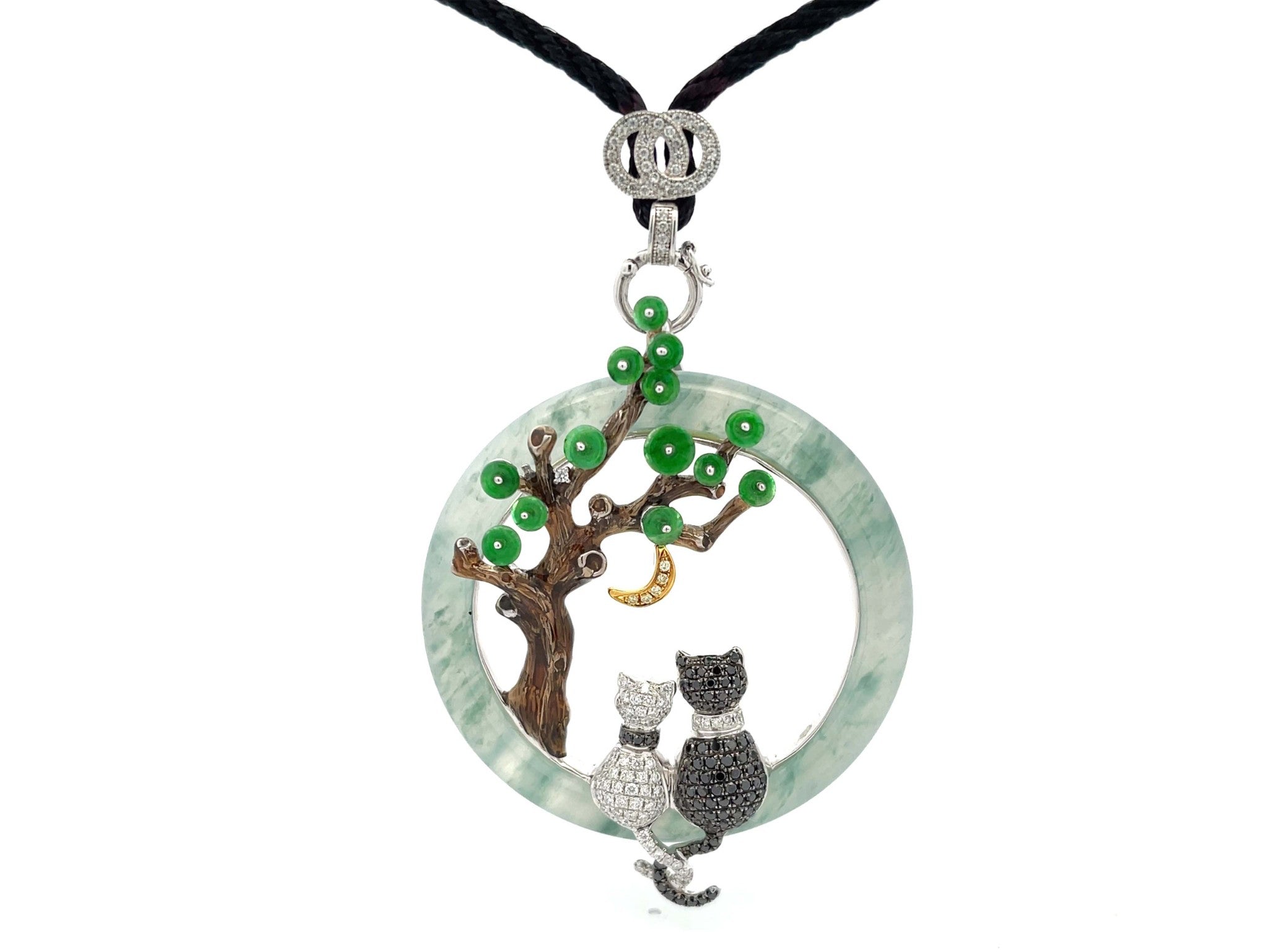Unique Large Round Jade and Diamond Cat Lovers Pendant in 18K White Gold
