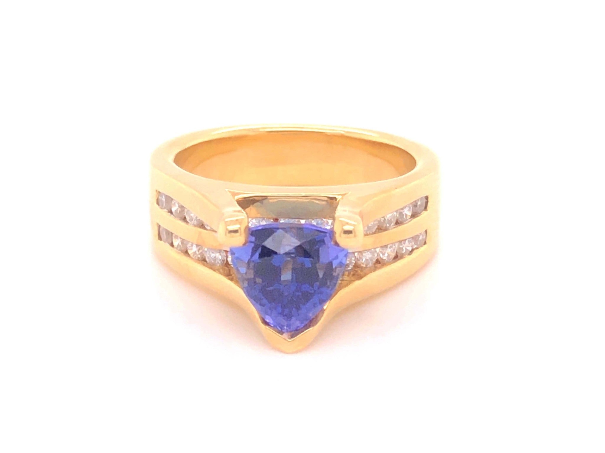 Blue Purple Trilliant Tanzanite and Diamond Ring-18k Yellow Gold.