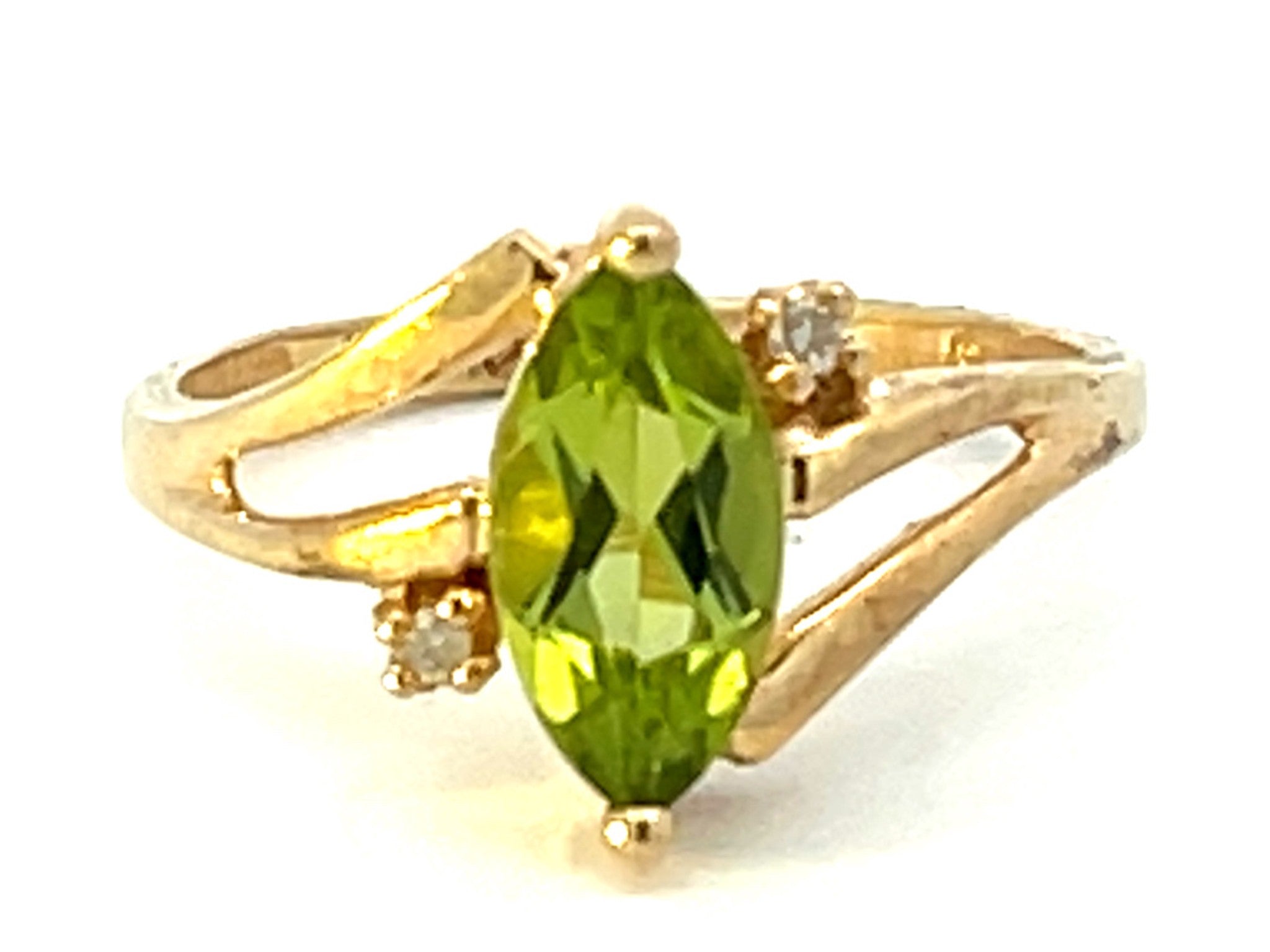 Marquise Peridot and Diamond Ring in 10k Yellow Gold