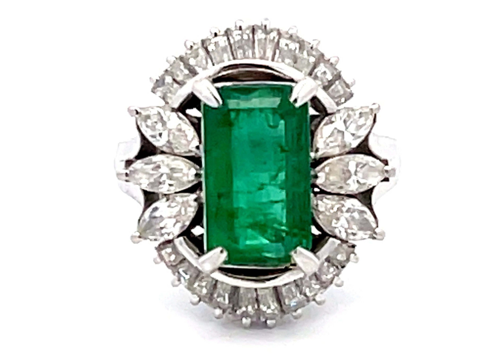GIA Zambia Emerald, Baguette and Marquise Diamond Platinum Ring