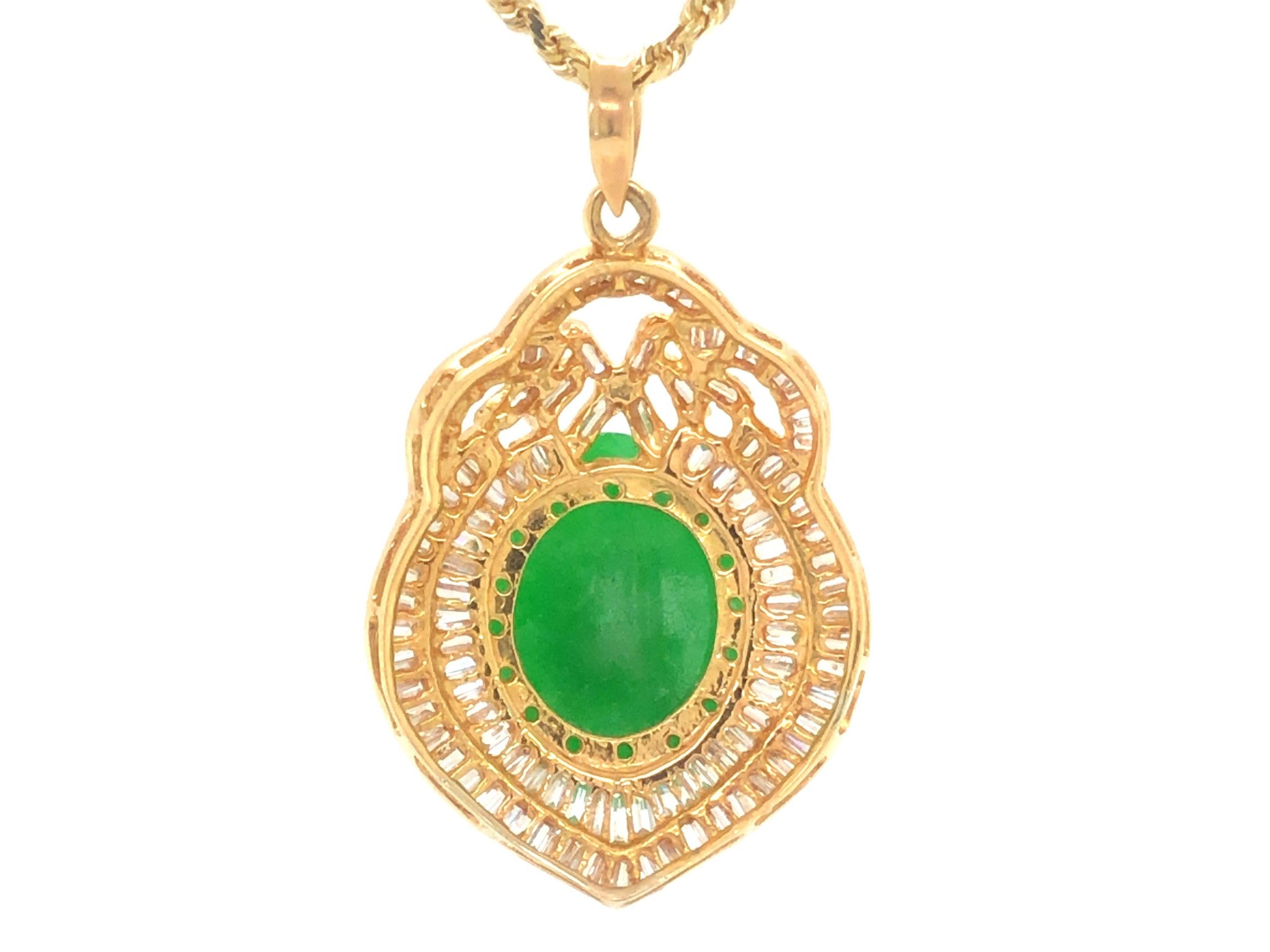 GIA Vintage Cabochon Mottled Green Translucent Jadeite Jade and Diamond Pendant
