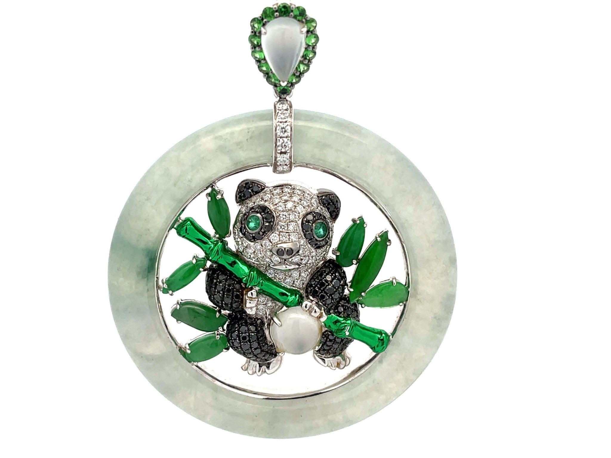 Unique Large Round Jade, Diamond, Emerald & Moonstone Panda Pendant in 18K Gold