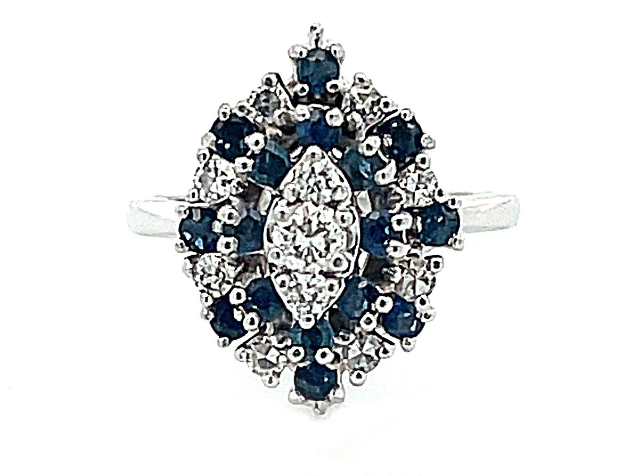 Marquise Shaped Sapphire Diamond Cluster Ring in 14k White Gold