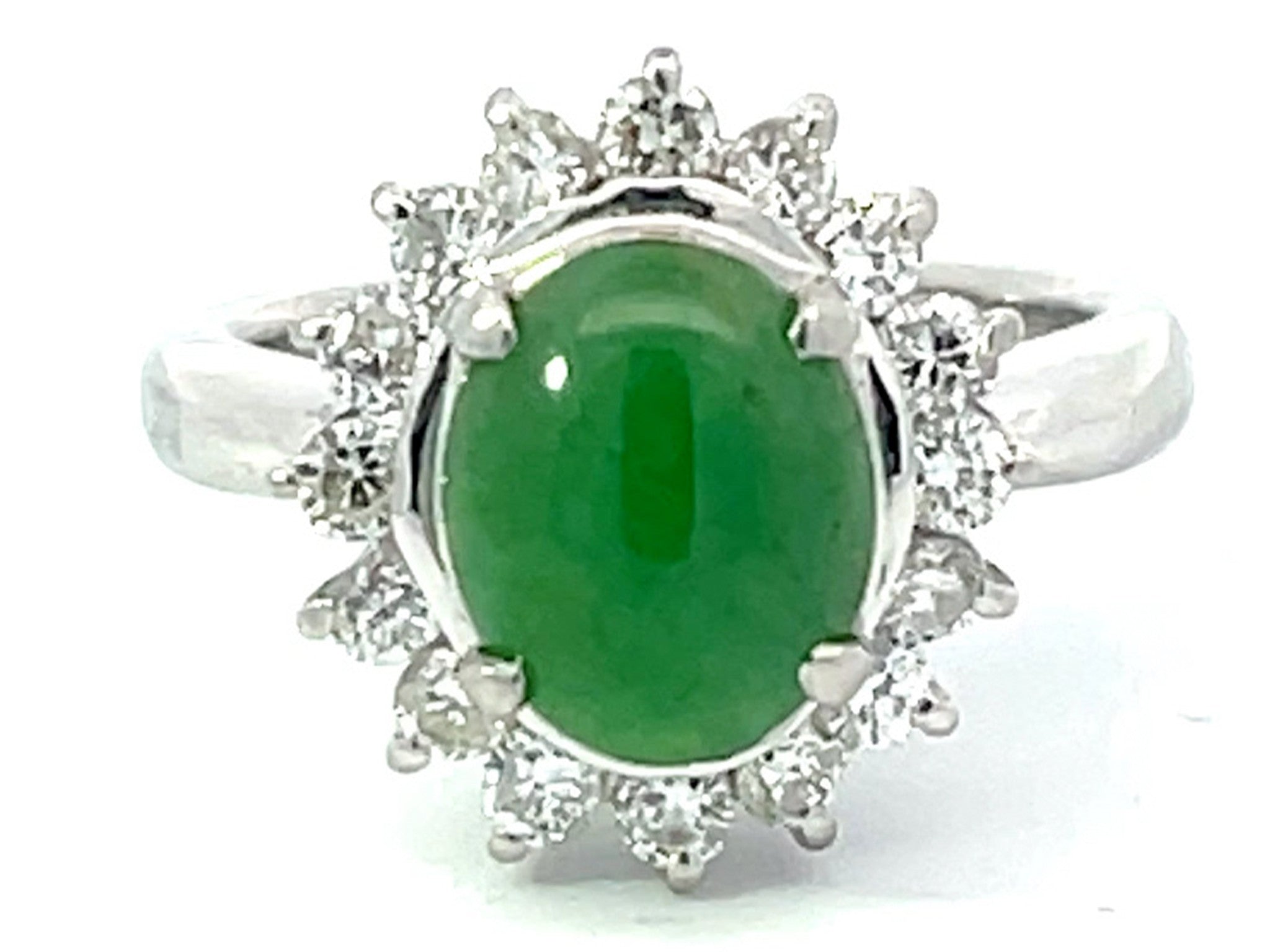 Oval Green Jadeite Jade Diamond Halo Ring in Platinum