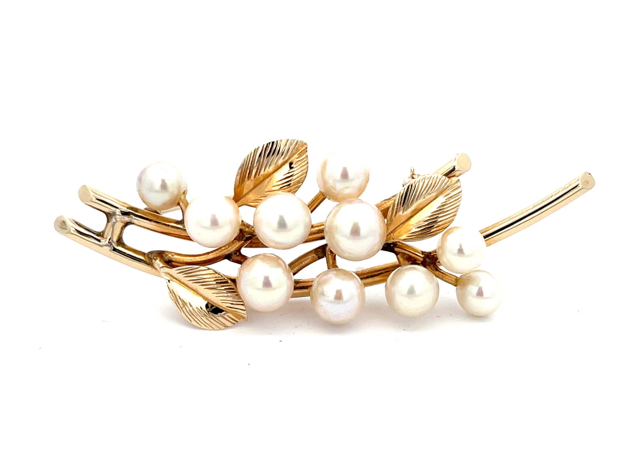 Mings Pearls and Leaves on a Branch Brooch in 14k Yellow Gold