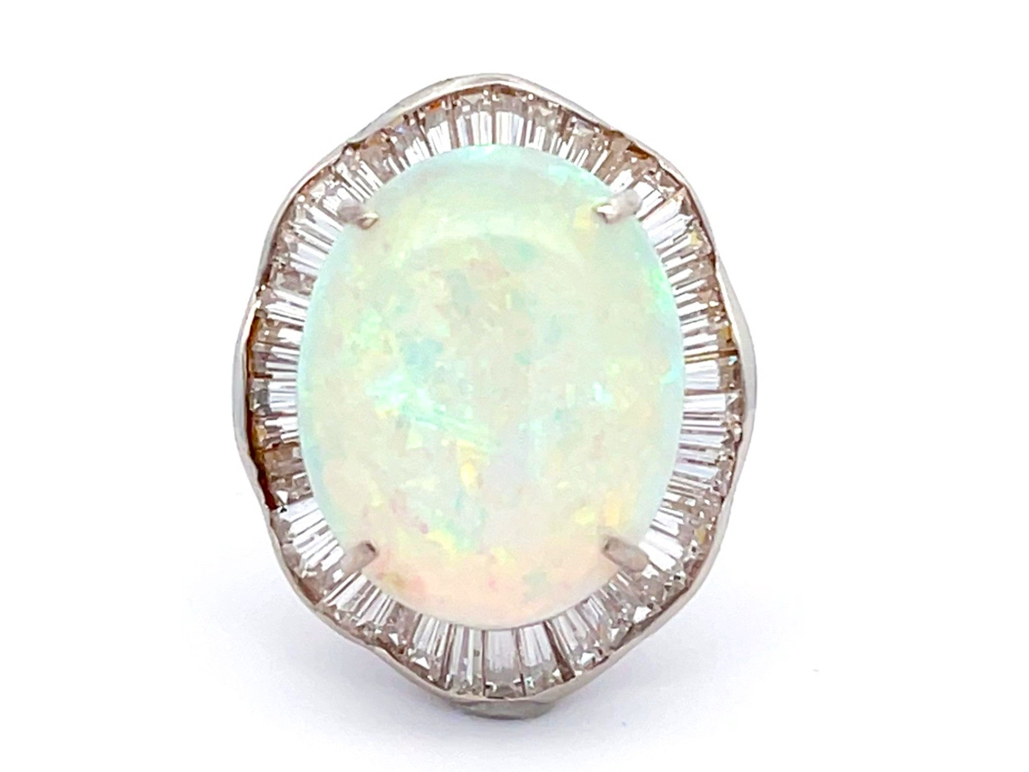 White Opal Ballerina Diamond Ring in 14k White Gold