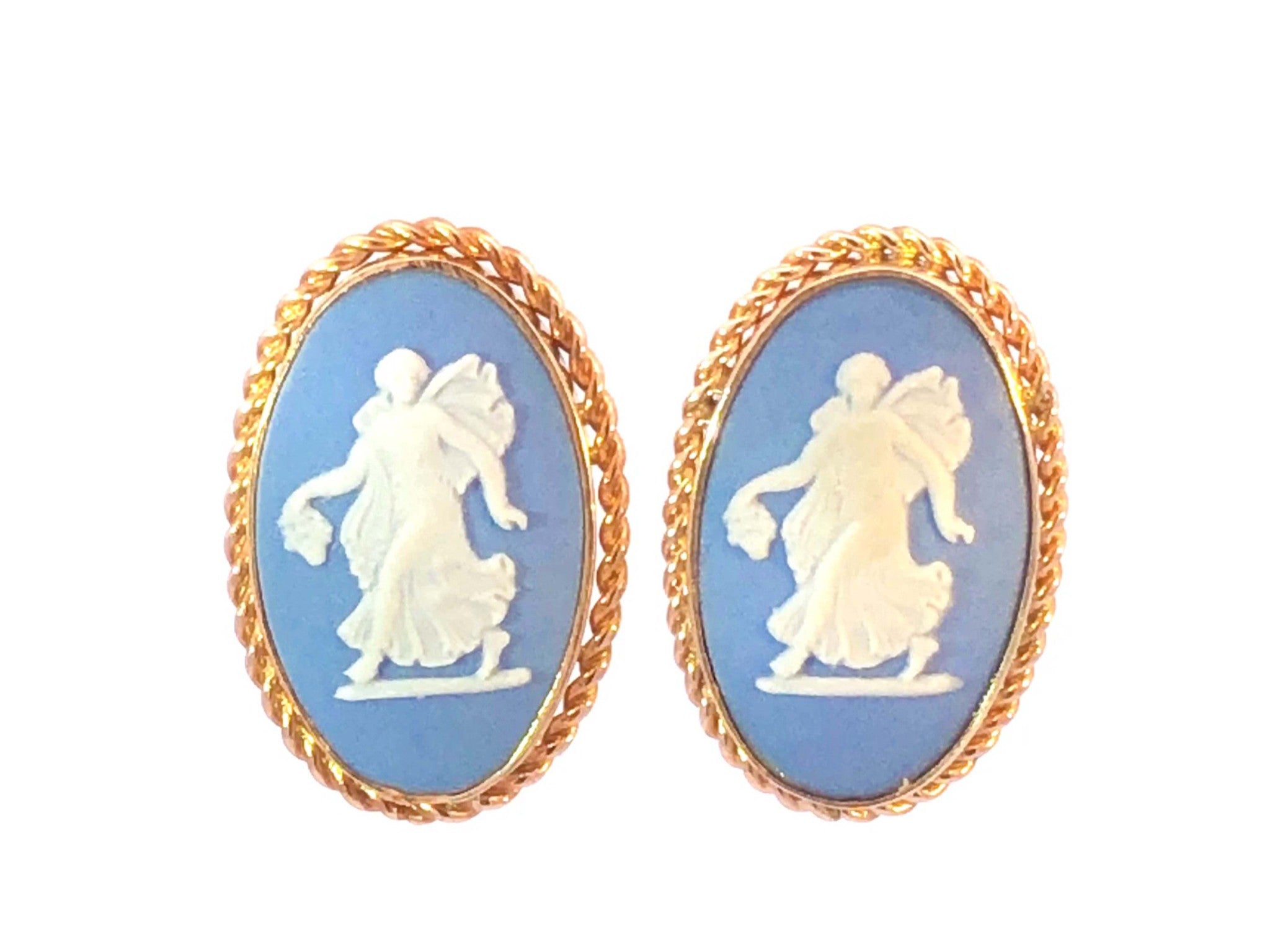 Wedgwood Jasper Wear Blue Oval Earrings & Pendant Brooch Set in 14K Yellow Gold