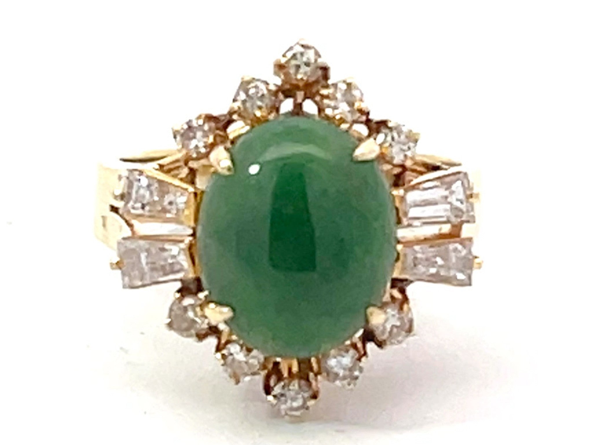 Round Brilliant and Baguette Diamond Halo Dark Green Jade Ring 14K Yellow Gold