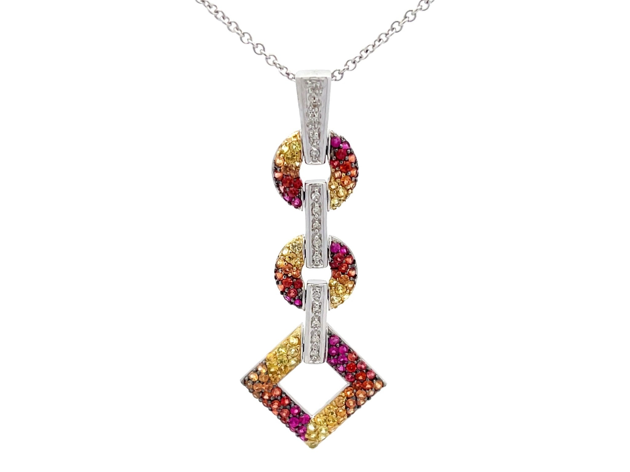 Yellow Red Orange Gemstone and Diamond Drop Pendant Necklace in 14k White Gold