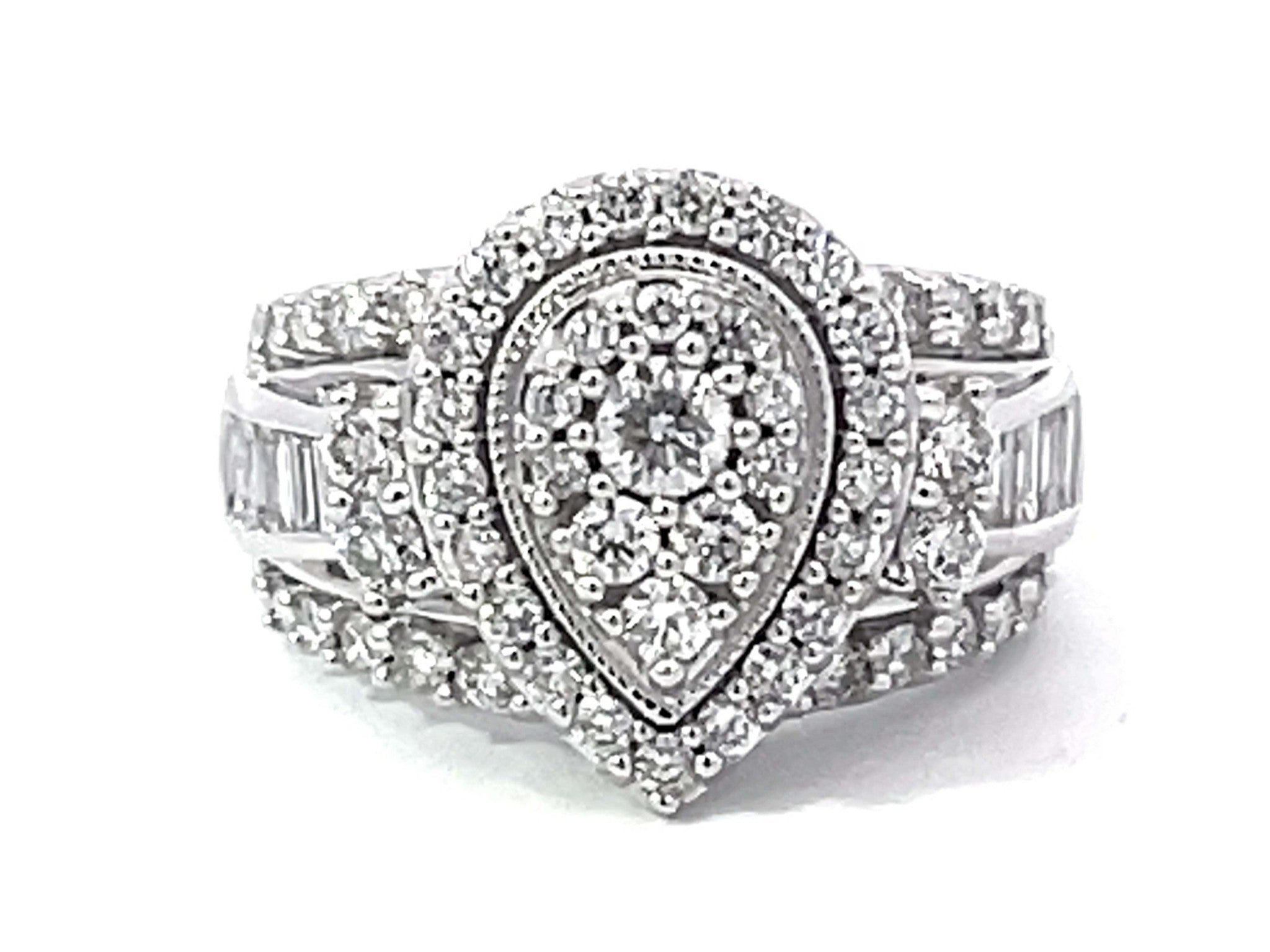 Pear Shaped Brilliant Diamond Cluster Engagement Ring 14K White Gold